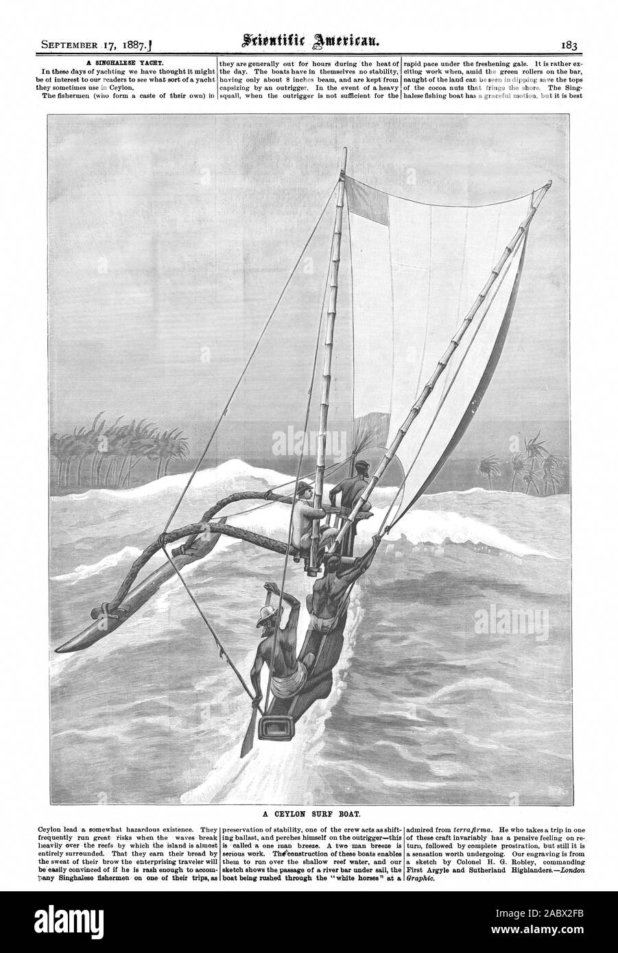 Eine SINGHALESISCHE YACHT. pany Singhalesischen Fischer auf einer ihrer Reisen als CEYLON BOOT SURF. Skizze zeigt den Durchgang eines River Bar unter Segeln das Boot durch die "weisse Pferde" am Cira. phic., Scientific American, 1887-09-17 gehetzt wird, Stockfoto