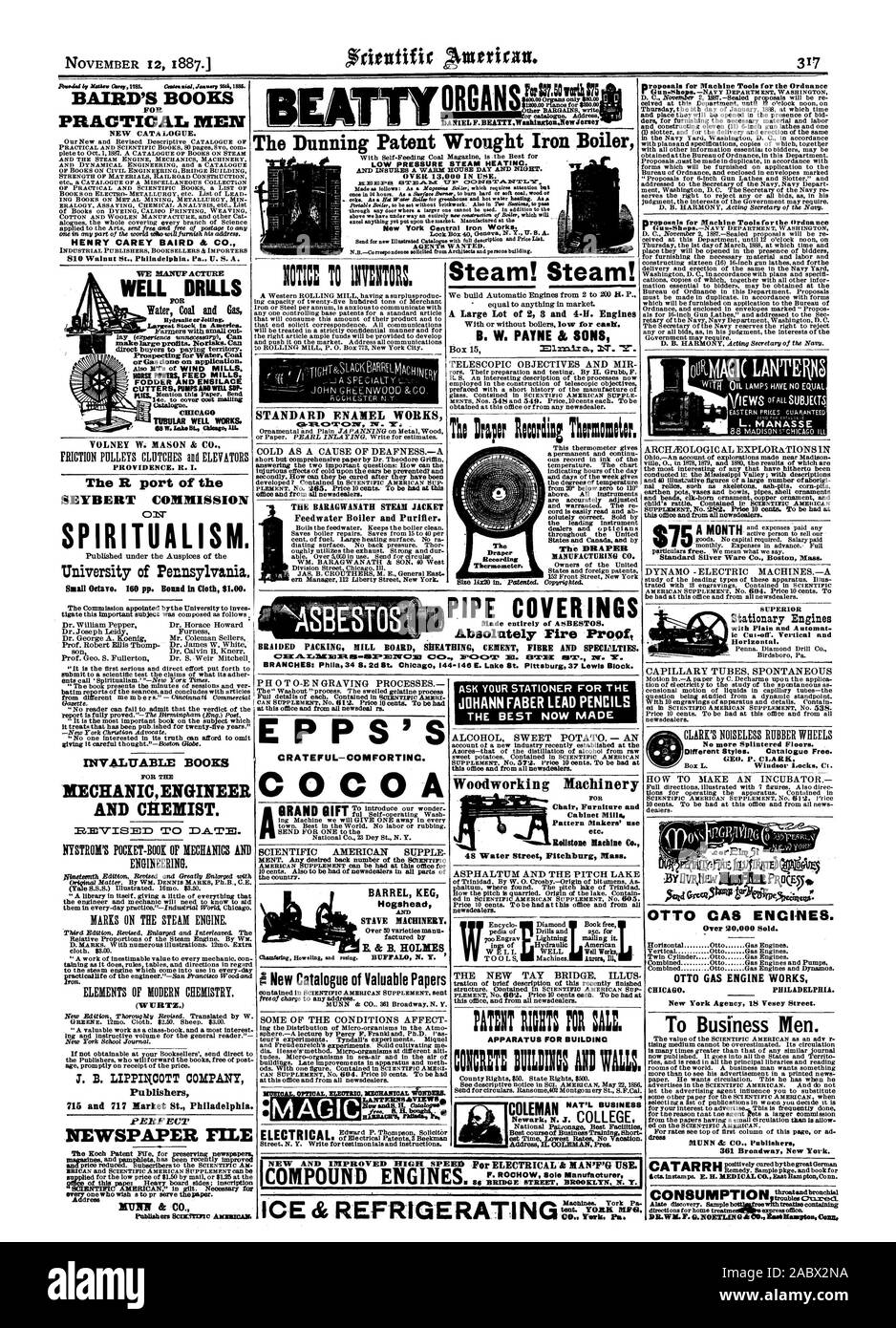 Drip Thumomes. Temperatur. Das Diagramm der DRAPER MANUFACTURING CO LEITUNG BODENBELÄGE absolut Feuerfest GEFLOCHTENE VERPACKUNG MÜHLE BOARD UMMANTELUNG ZEMENT FASER- UND SPECUITIES. B RANCHEN: Phlia 34 S. 2d St. Chicag 144-146 E. Lake St. Pittsburg 37 Lewis blockieren. PH 0 ZU-GRAVUR PROZESSE 88 BRIDGE STREET BROOKLYN N.Y. tr 0,9 k. Pao, Scientific American, 1887-11-12 Stockfoto