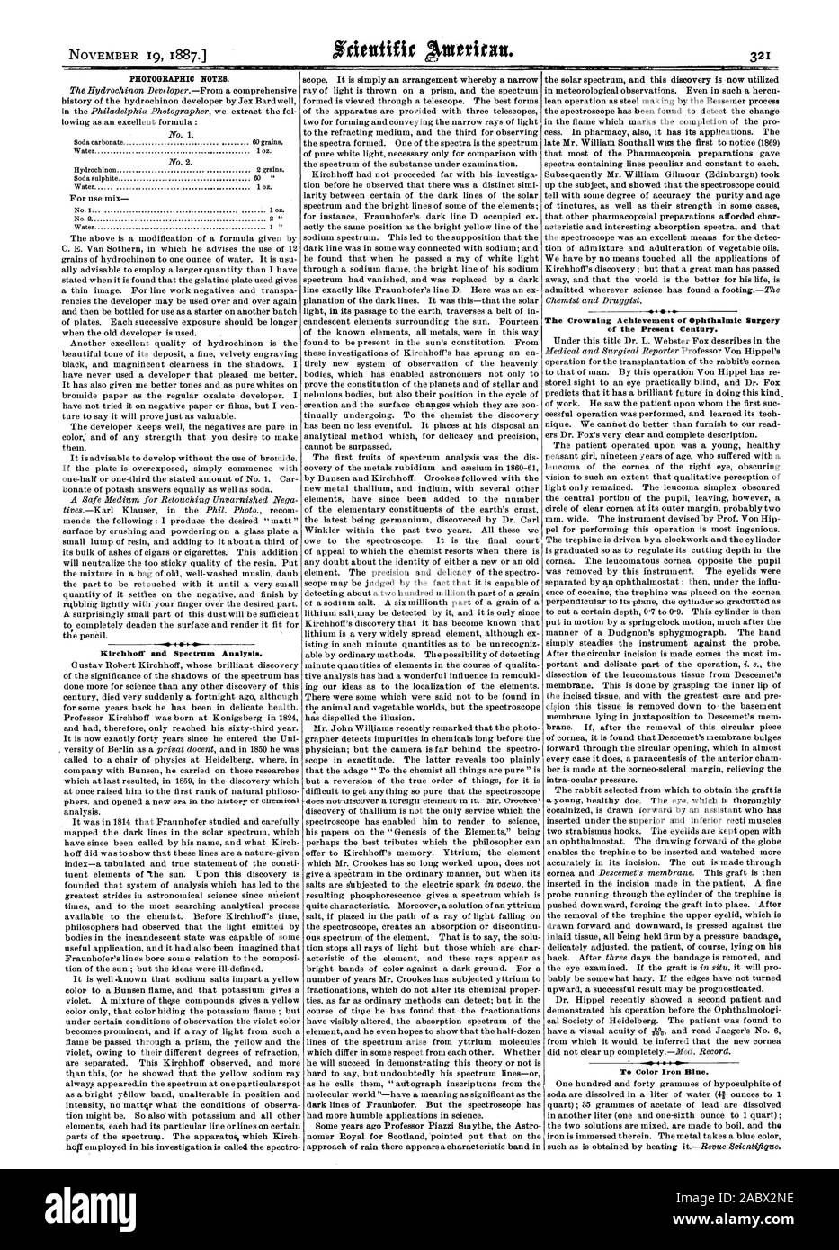 Kirchhoff und Spektrumanalyse. Die Krönung der Ophthalmochirurgie des gegenwärtigen Jahrhunderts. Farbe Eisen blau., Scientific American, 1887-11-19 Stockfoto