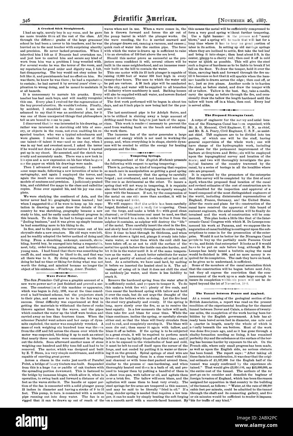 Wave Power Motor. Temperieren Federn. Die vorgeschlagenen Nicaragua Kanal. Der Tunnel zwischen Frankreich und England., Scientific American, 1887-11-11 Stockfoto