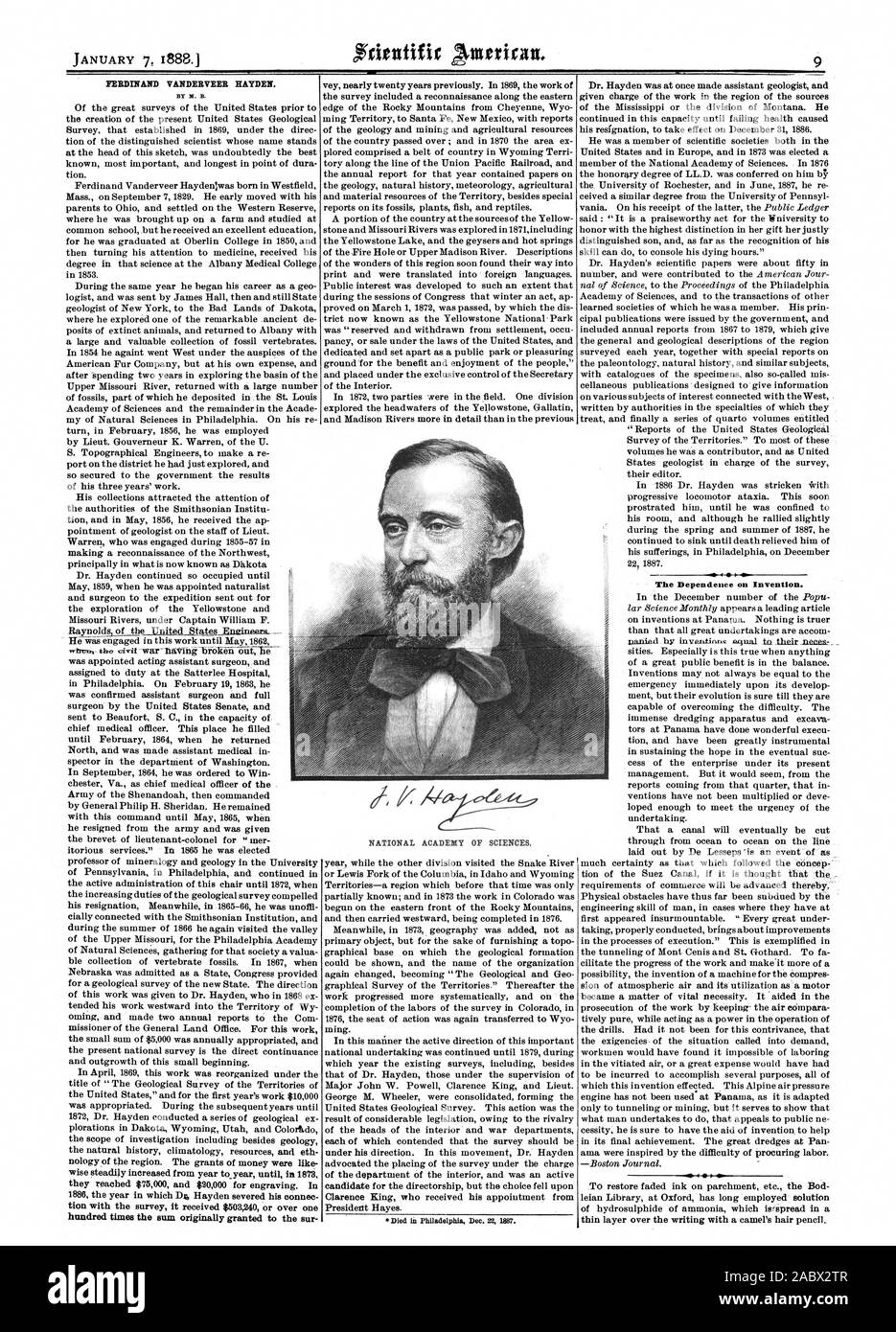 FERDINAND VANDERVEER HAYDEN. Die von M.b. die Abhängigkeit von der Erfindung. Nationale Akademie der Wissenschaften., Scientific American, 1888-01-07 Stockfoto