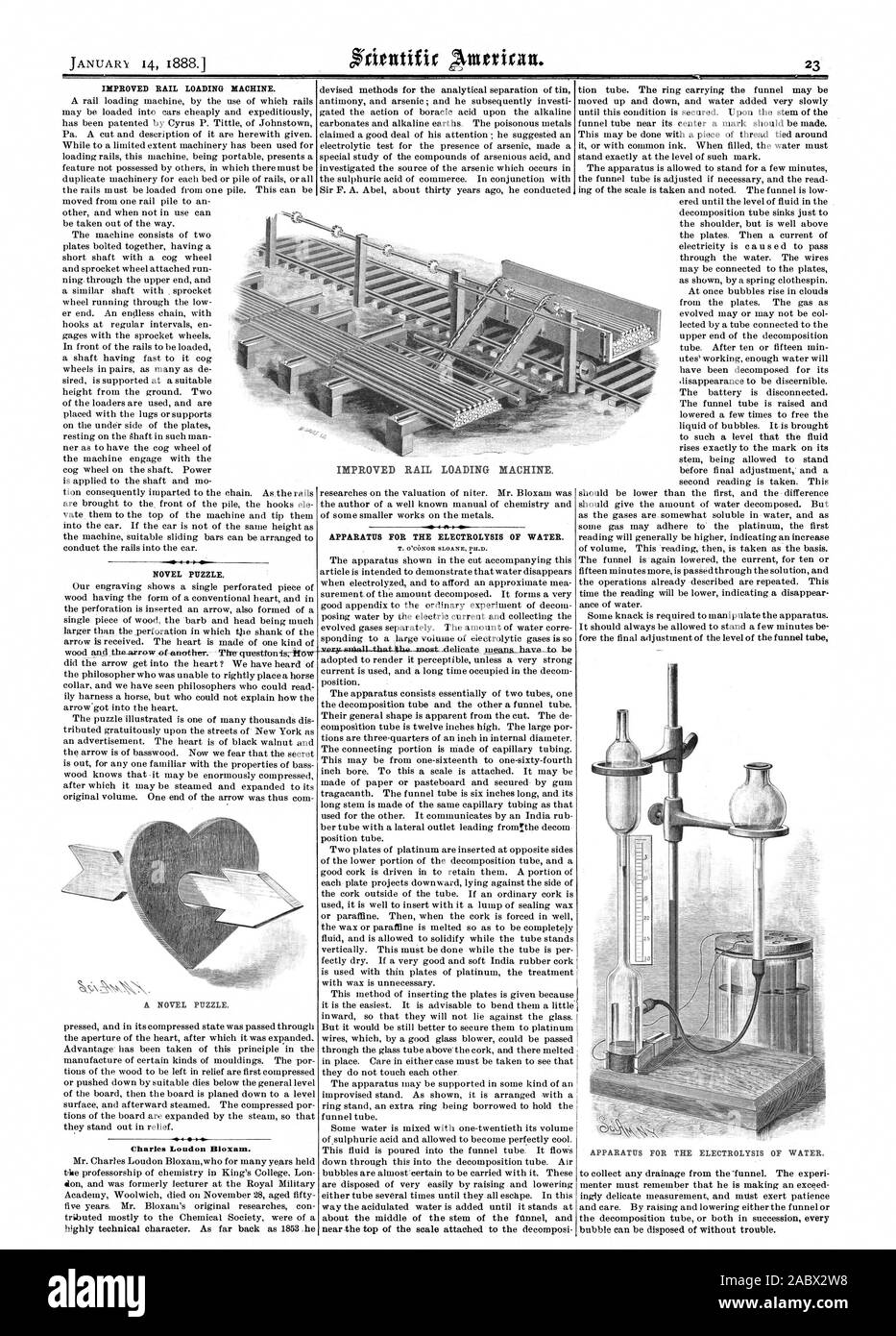 Verbesserte RAIL LADEN DER MASCHINE. Roman PUZZLE. Charles London Bloxam. Eine neuartige PUZZLE. Apparate für die Elektrolyse von Wasser. Verbesserte RAIL LADEN MASCHINE., Scientific American, 1888-01-14 Stockfoto