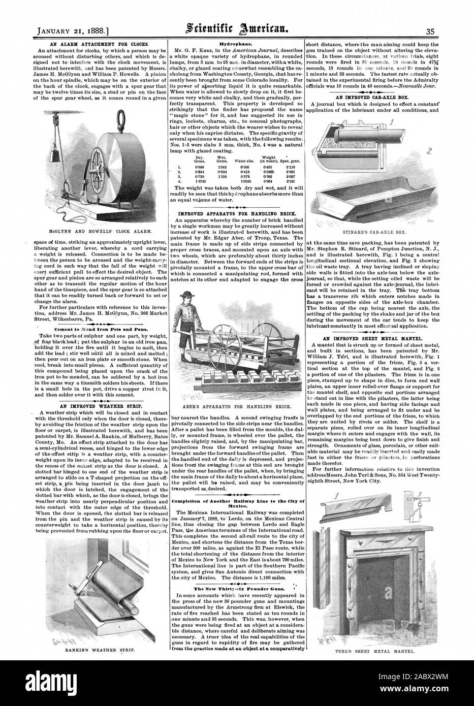 Ein ALARM ANLAGE FÜR UHREN. Zement zu flicken, Bügeleisen, Töpfe und Pfannen. Eine verbesserte WETTER STRIP. RANKIN'S WETTER STRIP. Ilydrophane. Verbesserte APPARATE FÜR DIE HANDHABUNG BRICK. Abschluss des Anderen Bahnstrecke der Stadt Mexiko. Die neue 36-Pfünder Kanonen. t EINE VERBESSERTE BLECH MANTEL. Der TURL BLECH MANTEL., Scientific American, 1888-01-21 Stockfoto