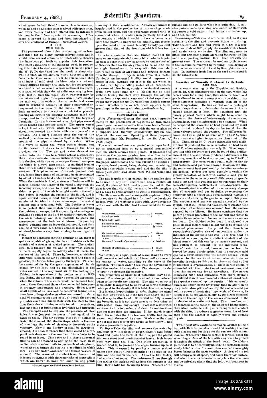 Fotografische Notizen. Gefühl von Wärme durch Kohlensäure Gas produziert. Blow Holes., Scientific American, 1888-02-04 Stockfoto