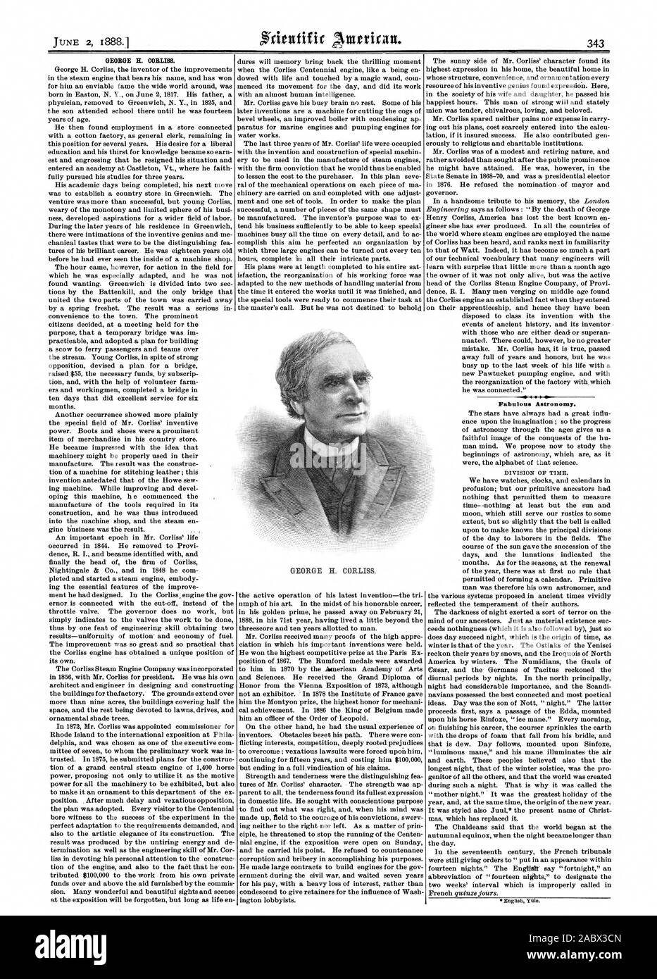 GEORGE H. CORLISS. Fabelhafte Astronomie. GEORGE H. CORLISS., Scientific American, 1888-06-02 Stockfoto