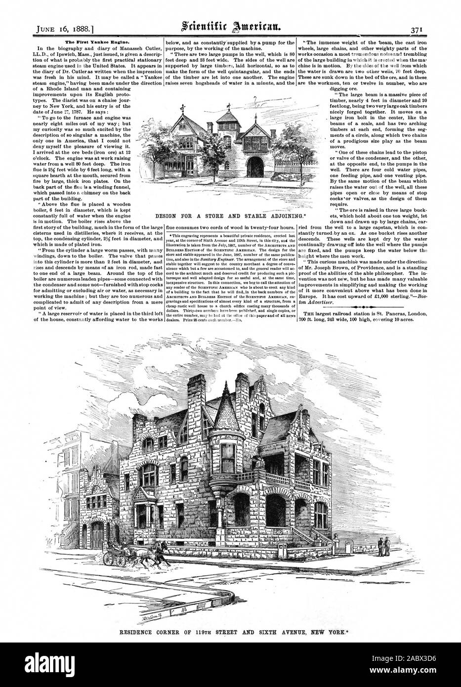 Die ersten Yankee Motors. DESIGN FÜR EINE STORE UND STABILE ANGRENZENDEN. RESIDENCE ECKE 29TH STREET UND SIXTH AVENUE NEW YORK. 7, Scientific American, 1888-06-16 Stockfoto