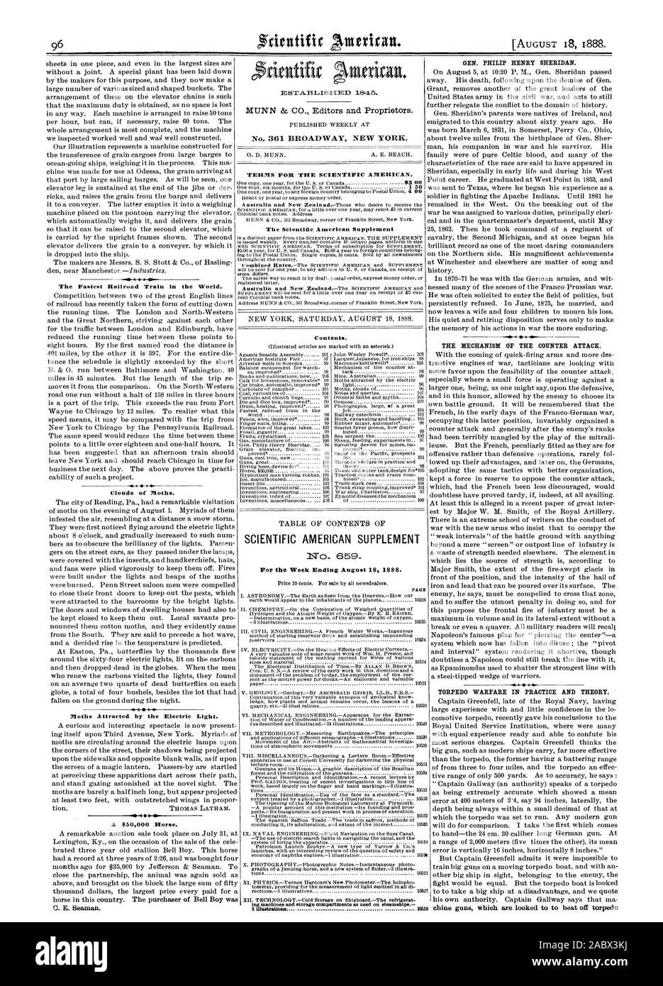 Die schnellste Eisenbahn Zug der Welt. Wolken von Motten. Motten vom Licht angezogen. Ein $ 50000 Pferd. C. E. Seemann. Woche endet am 18. August 1888. ; PA DER MECHANISMUS DER GEGENANGRIFF. TORPEDO KRIEGSFÜHRUNG IN PRAXIS UND THEORIE., Scientific American, 1888-08-18 Stockfoto