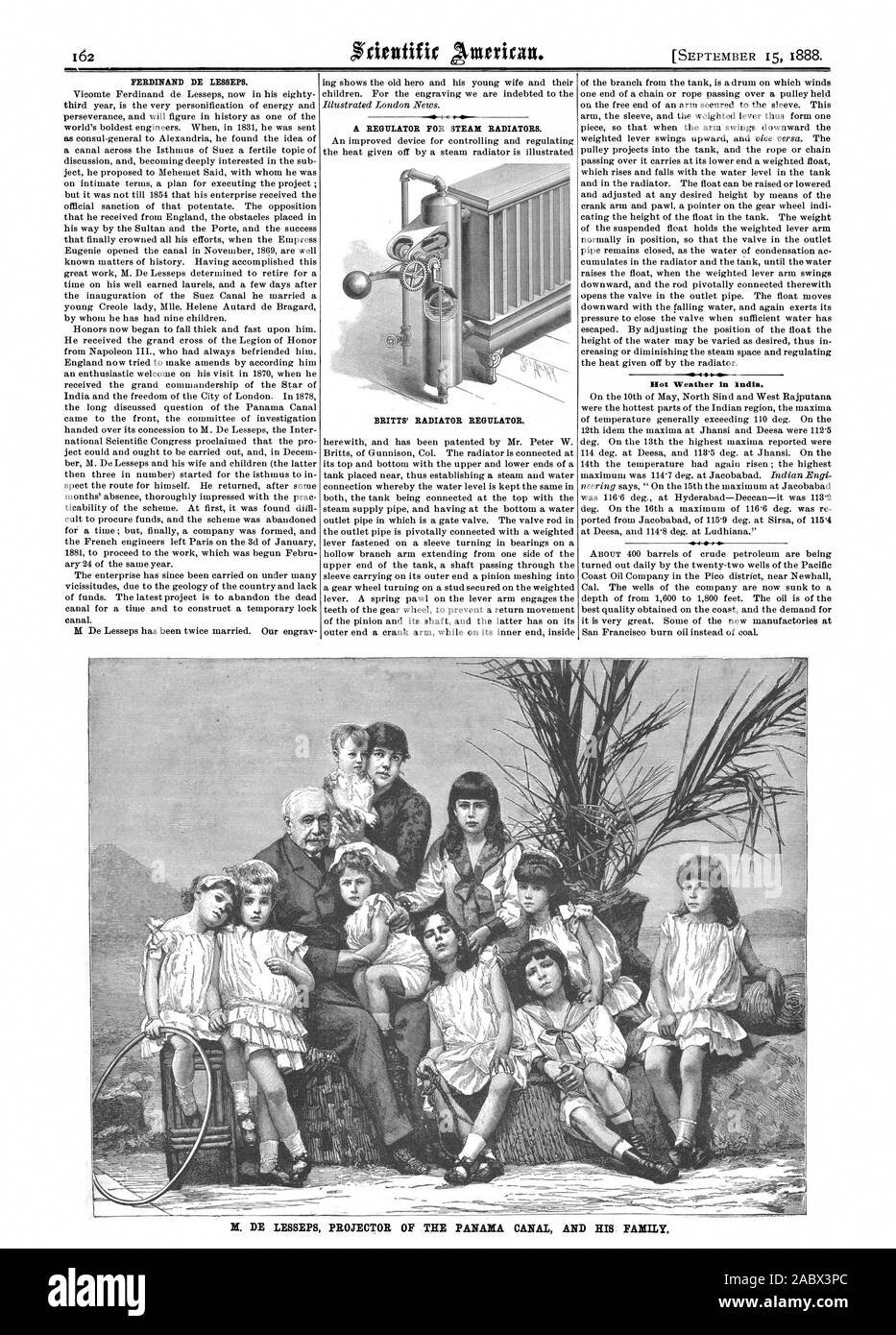 FERDINAND DE LESSEPS. Ein REGLER FÜR DAMPF Heizkörper. BRITTS' KÜHLER REGLER. Rot Wetter in Indien. N. DE LESSEPS PROJEKTOR OP DEN PANAMA KANAL UND SEINE FAMILIE., Scientific American, 88-09-15 Stockfoto