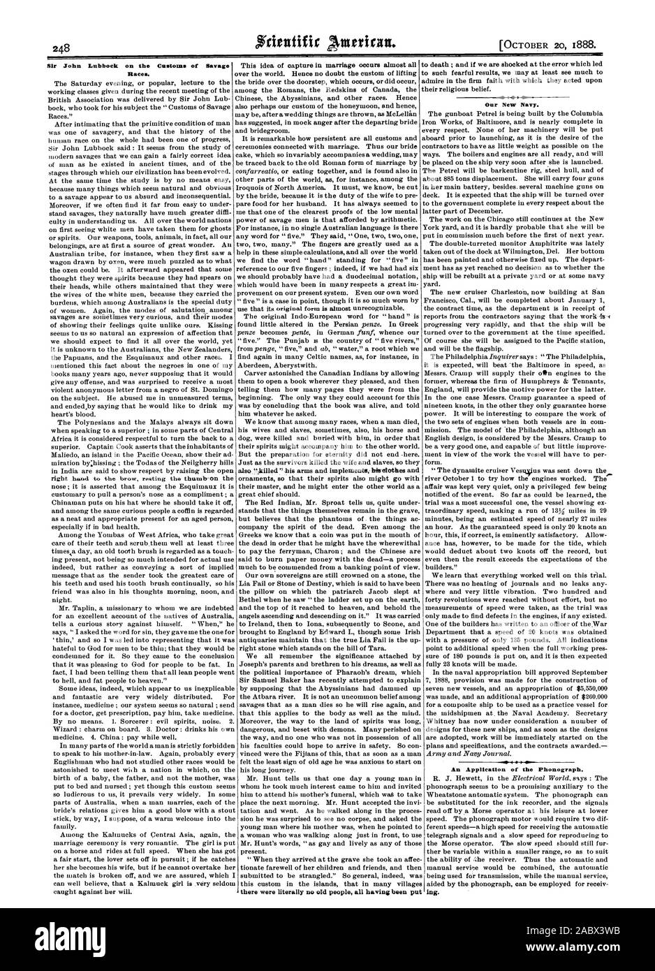 Sir John lubbock auf die Sitten der Wilden Rassen. Eine Anwendung des Phonographen. Unsere neue Marine., Scientific American, 1888-10-20 Stockfoto