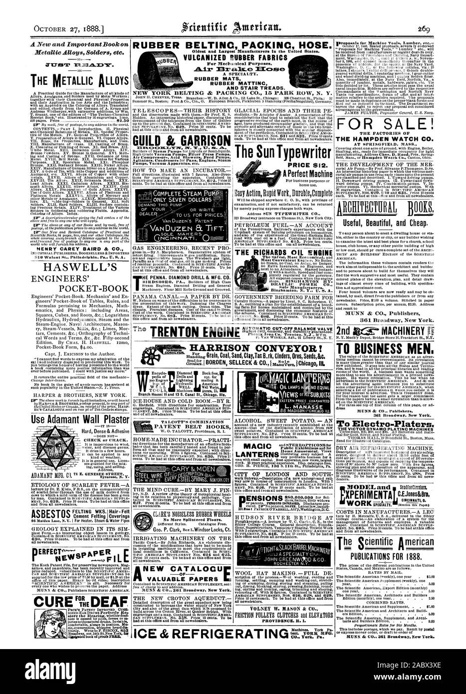 Gummiriemen PACKINC SCHLAUCH. Älteste und größte Hersteller in den Vereinigten Staaten. Aus vulkanisiertem Gummi Textilien für mechanische Zwecke. Eine Spezialität. Gummimatten GUMMI MATTINC UND TREPPE Spurweiten. Ein neues und wichtiges Buch über den metallischen Legierungen Lote, etc. Ein - rzeirr HENRY CAREY BAIRD & Co 810 Wale in St. Philadelphia. Pa U. S. A. HAT SICH DIE GILDE L GARNISON Kompressoren, Gebläse Feed Pumpen Pumpen Vakuum Apparate. Inc. nur sieben Dollar CNCINNATI DER TA LCOTT KOMBINATION wertvolle Papiere der Sonne Schreibmaschine Vorsehung. I. ZUM VERKAUF! Die FABRIKEN DER HAMPDEN WATCH CO. Nützlich Schöne und Stockfoto