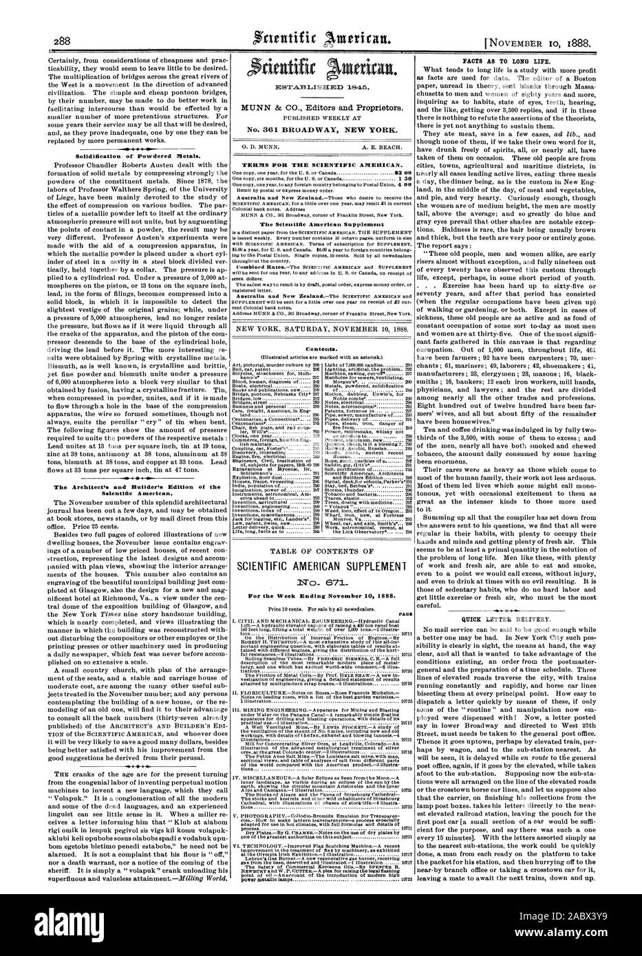 Die Erstarrung der Pulver von Metallen. v. Die Architekten und Edition der Erbauer des Selentific Amerikanischen. Woche Ende November 10 MS. Seite Fakten wie zu einem langen Leben. Schnelle Zustellung der Briefpost., Scientific American, 1888-11-10 Stockfoto