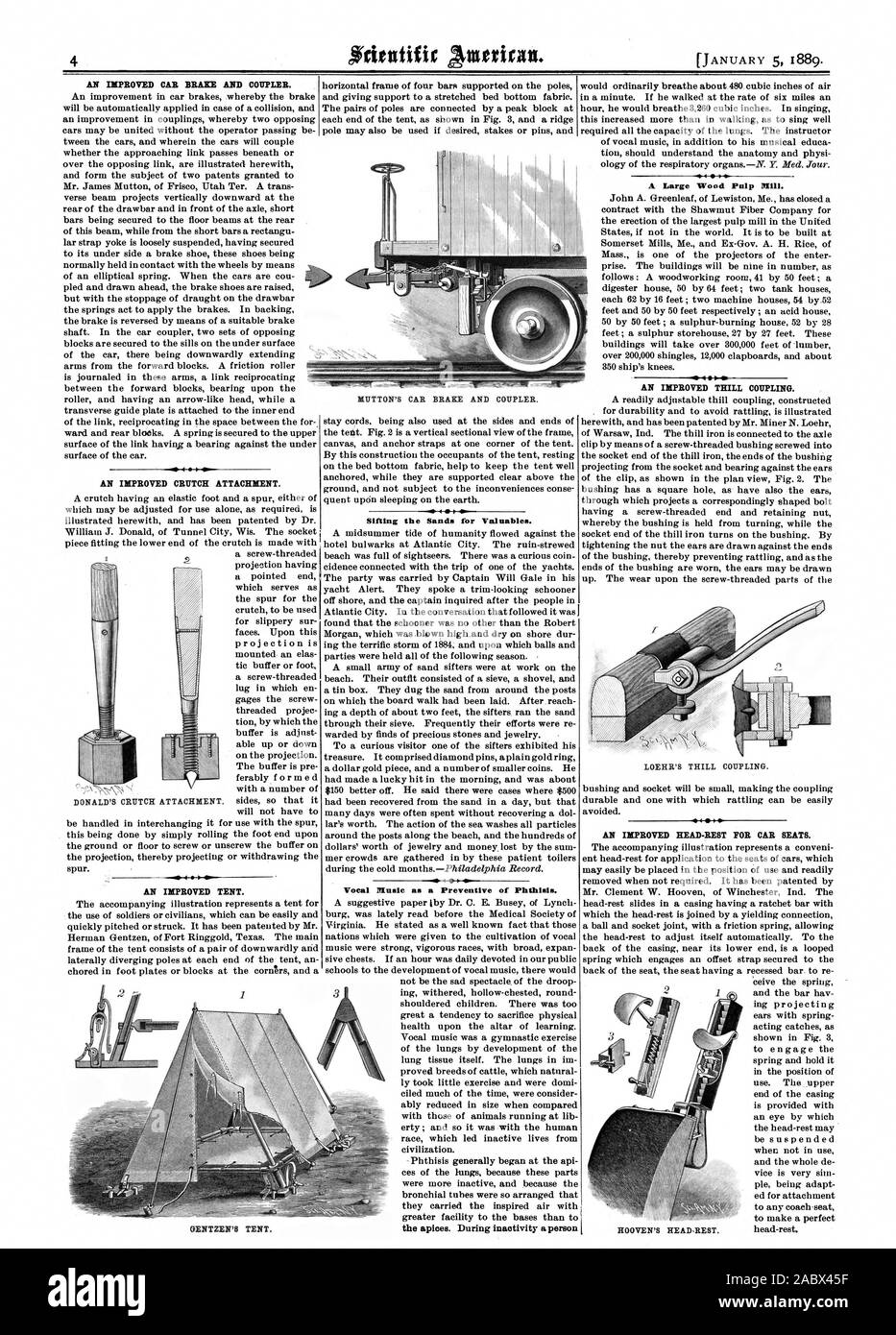 Schaffleisch AUTO BREMSE UND KUPPLUNG. Die Sichtung der Sands für Wertsachen. Vokalmusik als Vorbeugende der Schwindsucht. Ein großes Holz Zellstofffabrik. Löhr den TRILL KOPPLUNG., Scientific American, 1889-01-05 Stockfoto
