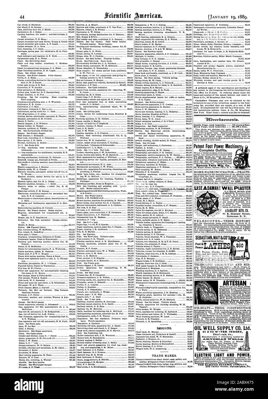 ADAMANT MFG. Co.ÖL GUT SUPPLY CO. LTD., elektrisches Licht und Strom. Die Elektro dynamisches Unternehmen. 214 Carter Street Philadelphia Pa Patent Fuß macht Maschinen LA Schraube speichern Maschinen Seneca Falls Mfg. Co.91 & 92 WATER STREET Pittsburgh PA. IEtaliI. EL 71 E.Genesee Street Syracuse N.Y. ARTESISCHEN und MI auch Supply Co., Scientific American, 1889-01-19 Stockfoto