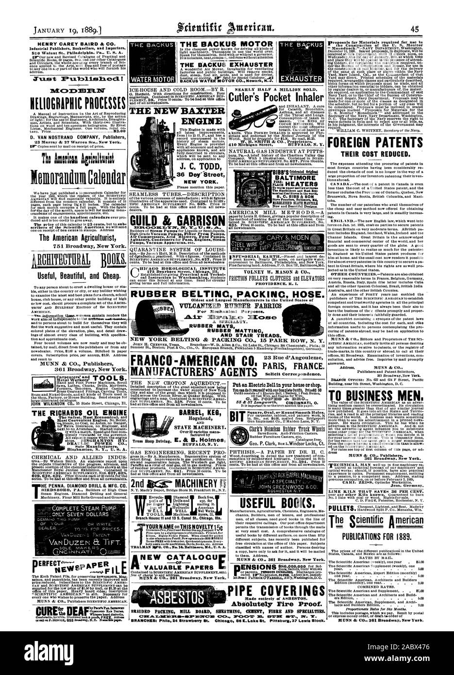 MUNN & Co. für Geschäftsleute. MUNN & CO Verlage 361 Broadway New York. Kalkofen, spart 36 Prozent. Publikationen für 1889. THALMAN FIFO. Co.N 14. Baltimore MD. US-A. 2. IC-Maschinen ri Neue CATALOCU WERTVOLLE PAPIERE MUNN & Co 361 Broadway New York. Enzyklopädie Diamond Buch freie Niederlassung Haus: und 13 S. die Canal St Chicag Abb. Die BACKUS MOTOR - BACKUS, DECKENABLAGE BACKUS WASSER MOTOR CO Newark N.J. Gummiriemen PACKINC SCHLAUCH. Älteste und größte Hersteller in den Vereinigten Staaten von VTILCANIZ ED GUMMI Textilien für mechanische Zwecke. Eine Spezialität. Gummimatten GUMMI MATTINC UND TREPPE Stockfoto