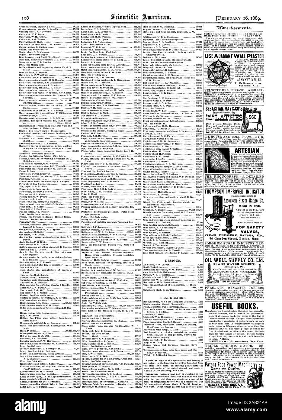 Verwenden Sie UNVERRÜCKBAR WANDPUTZ SEBASTIANMAYS 6 CO ARTESISCHEN THOMPSON VERBESSERTE ANZEIGE ÖL GUT SUPPLY CO. LTD. nützliche Bücher. MUNN & CO 361 Broadway New York. Patent Fuß macht Maschinen arbeitssparenden Maschinen Seneca Falls Mfg. Co. Es ist hart, dicht und unverrückbar MFG. Co.71 E.Genesee Street Syracuse N. V. 2000 im Einsatz. POP SICHERHEITSVENTILE DAMPF MANOMETER ETC. 91 & 92 WATER STREET Pittsburgh. Pa 1. t. rr EiSIZA 1 V17 f7 EILLES, Scientific American, 1889-02-16 Stockfoto