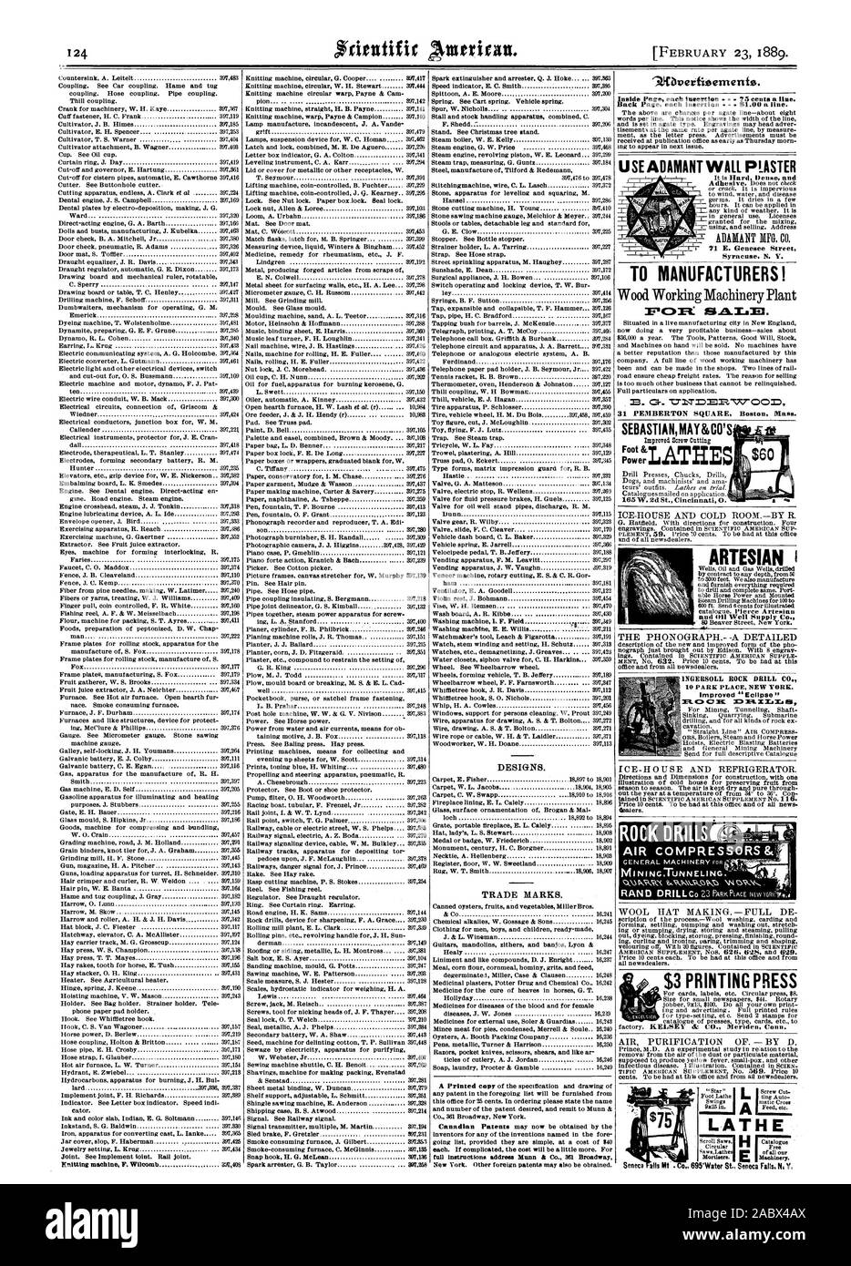 Verwenden Sie unverrückbar WANDPUTZ zu Herstellern! 31 PEMBERTON Square in Boston Mass Gower & Maschinen. 86 SEBASTIANMAY'S CO-Joil GESTEINSBOHRHÄMMER LUFT KOMPRESSOR 9 ARTESISCHEN und Öl gut Supply Co. INGERSOLL GESTEINSBOHRHAMMER C Verbesserte 'Eclipse' Drehmaschine, Scientific American, 1889-02-23 Stockfoto