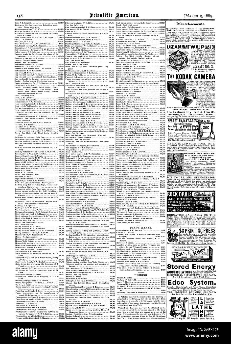 KODAK Kamera Preis 925,00. Nachladen 92.00. Die Eastman trockenen Platte & Film Co. 9. Abrertisement 9. Inside Seite jedem Einfügen - 75 Cent pro Zeile. Verwenden Sie unverrückbar WANDPUTZ ADAMANT MFG. Co.71 E.Genesee Street Syracuse. N.Y. SEBASTIANMAY&CO 165 W. 2d St. Cincinnati 0. ROCK DRILLS KOMPRESSOREN gespeicherte Energie elektrische AKKUMULATOR UNTERNEHMEN Nr. 44 Broadway New York City. Die elektrische dynamisches Unternehmen Drehmaschine 10 PARK PLACE NEW YORK. Verbesserte'Eclipse L C) Ausweis. Ich ES, Scientific American, 1889-03-09 Stockfoto