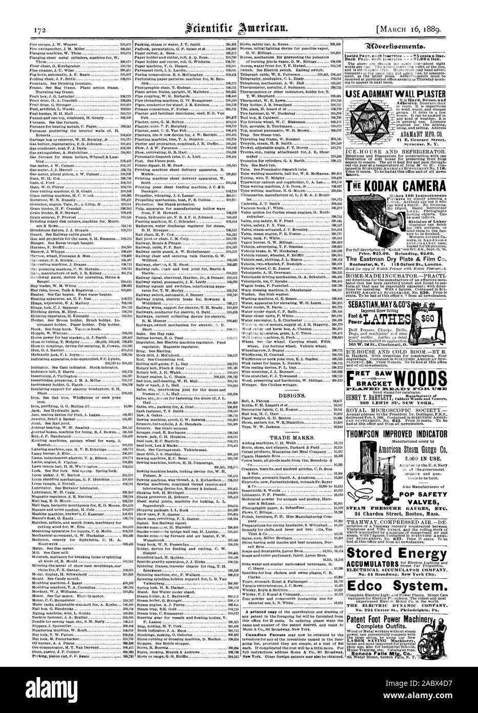 Verwenden Sie UNVERRÜCKBAR WANDPUTZ Pik KODAK Kamera Preis 925,00. Nachladen 92.00. Die Eastman trockenen Platte & Film Co. Rochester N.Y. 5 Oxford St. London. Halterung THOMPSON verbesserte Anzeige gespeicherter Energie elektrische AKKUMULATOR UNTERNEHMEN Nr. 44 Broadway New York City. Edco System. Die elektrische dynamisches Unternehmen Nr. 224 Carter St. Philadelphia Pa ist es hart, dicht und unverrückbar MFG. Co.71 E.Genesee Street Syracuse. N. V. SEBASTIANMAY&CO Pow er Bohren Pressen Chucks Bohrer Hunde und Maschinisten' und Ama 2000 im Einsatz. POP SICHERHEITSVENTILE DAMPF MANOMETER ETC. 34 Chardon Street Boston Mass Patent Fuß Power Stockfoto