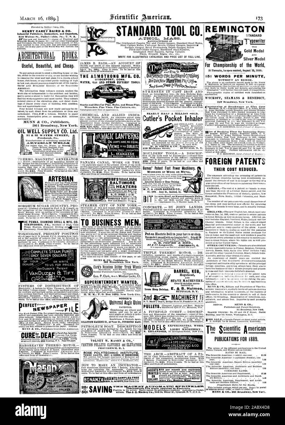 Datei DER ARMSTRONG MFG. Co.BRIDCEPORT CONN. BALTIMORE 0 BUSINESS MÄNNER. 361 Broadway. New York. Betriebsleiter wollte. HODGE'S SPRUECHE ICH HACKFLEISCH. R.I. ROSEPOLYTECHNIC INTITUTE PROBEN KOSTENLOS FAST EINE HALBE MILLION VERKAUFT. Cutlers Pocket Inhalator Barnes' Patent Fuß-Maschinen. Arbeitnehmer aus Holz oder Metall W. F. & JOHN BARNES CO BUFFAL N.Y. 2 MASCHINEN AGENTEN $ 75 pro Monat und Aufwendungen STANDARD Goldmedaille Silbermedaille für Meisterschaft der Welt OHNE EINEN FEHLER. W YCKOFF SEAMANS & Benedikt Clonstruction ot Wellenbrecher in Glen Cove ihre Kosten reduziert. Publikationen für 1889. MUNN dk CO.361 Broadway Stockfoto