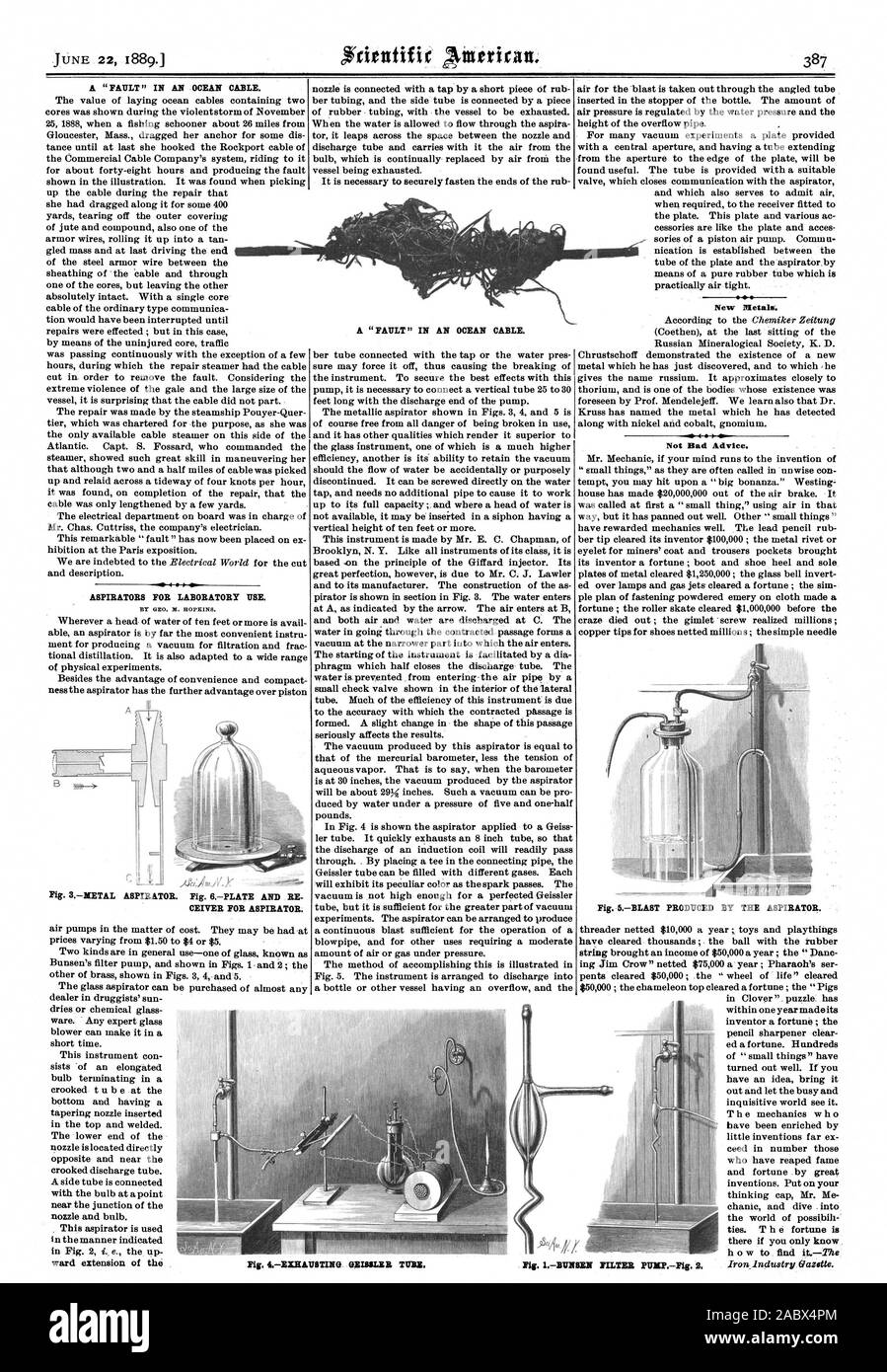 Ein 'Fehler' in einem Ozean. Absauganlagen für den Einsatz im Labor. Von GEO. N. HOPKINS. Station Erweiterung der neuen Metallen. 4 Nicht schlecht beraten. Echolotes für SAUGGEBLÄSE. Ein 'Fehler' in einem Ozean. Abb. IEXHAUSTING REISSLZR ROHR., Scientific American, 1889-06-22 Stockfoto