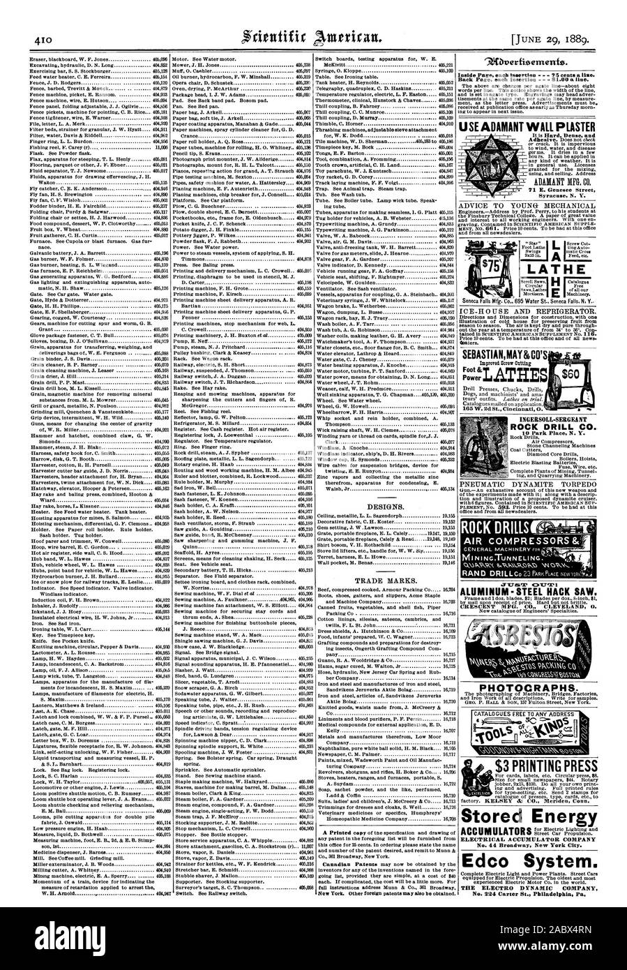 Drehbank Händler. Aluminium - Stahl HACK gesehen. CRESCENT MFG. Co.CLEVELAND 0. PHOTOCRAPHS. $ 3. KELSEY & Co Meriden Anschl. gespeicherte Energie elektrische AKKUMULATOR UNTERNEHMEN Nr. 44 Broadway New York City. Edco System. Die elektro-dynamischen Unternehmen N 224 Carter St. Philadelphia Pa ADAMANT MFG. Co.1 71 E.Genesee Street Syracuse N.Y. GESTEINSBOHRHÄMMER SEBASTIANMAY&CO INGERSOLL - SERGEANT ROCK DRILL CO., Scientific American, 1889-06-11 Stockfoto