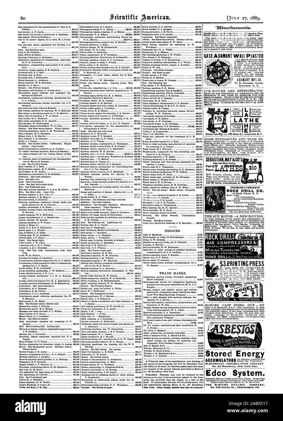 New York. Andere ausländische Patente kann auch bezogen werden. Ich gespeicherte Energie Akkumulatoren elektrische fZeNegfickgPiTigorrd ACCUMULATtlit unternehmen Nr. 44 Broadway New York City. Edco System. Die elektro-dynamischen Unternehmen Nr. 224 Carter Sc. Philadelphia Pa Wbverfisements. Inside Seite jedem Einfügen - 75 Matten eine Linie. Es ist schwer, euse und 71 E. Genesee Street Syracuse. N.Y. DREHMASCHINE SEBASTIANMAY 800% verbesserte Schraube Schneiden von 165 W. 2d St. Cincimanti 0. INGERSOLL - SERGEANT ROCK DRILL CO 10 Park Place N.Y. 32 $ R1 DES DRÜCKEN SIE KELSEY a-CO Meriden Anschl., Scientific American, 1889-07-27 Stockfoto