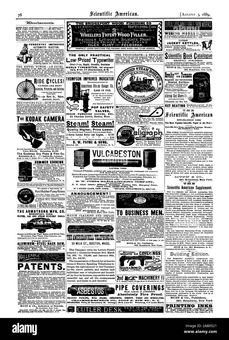 Fahrt Zyklen! Sieger sind die besten! BOSTON, Mass. Das KOPIEREN PADHOW ZU MACHEN Ti KODAK Kamera macht 100 momentane Aufteilung der Labor- oder Preis B 25.00. Nachladen 82.00. Die Eastman trockenen Platte & Film Co. Rochester N.Y. 5 Oxford St. London. Die ARMSTRONG MFG. Co.Bridgeport, Conn. Schraubenschlüssel. Die Schraubstöcke Rohrschneider etc. Aluminium - Stahl HACK gesehen. CRESCENT MFG. Co.CLEVELAND O. PATENTE. etSe Gebäude in der Nähe der 7th Street Washington D. C. DIE EINZIGE PRAKTISCHE DAMPF MANOMETER usw. m! Ankündigung! OTIS BROTHERS & CO3S Park Row. New York. T-STÜCK KUPFER TOSCS AMMAIIIE TEPEE CO 95 MILCH ST. BOSTON MASSE dieses Unternehmen Stockfoto