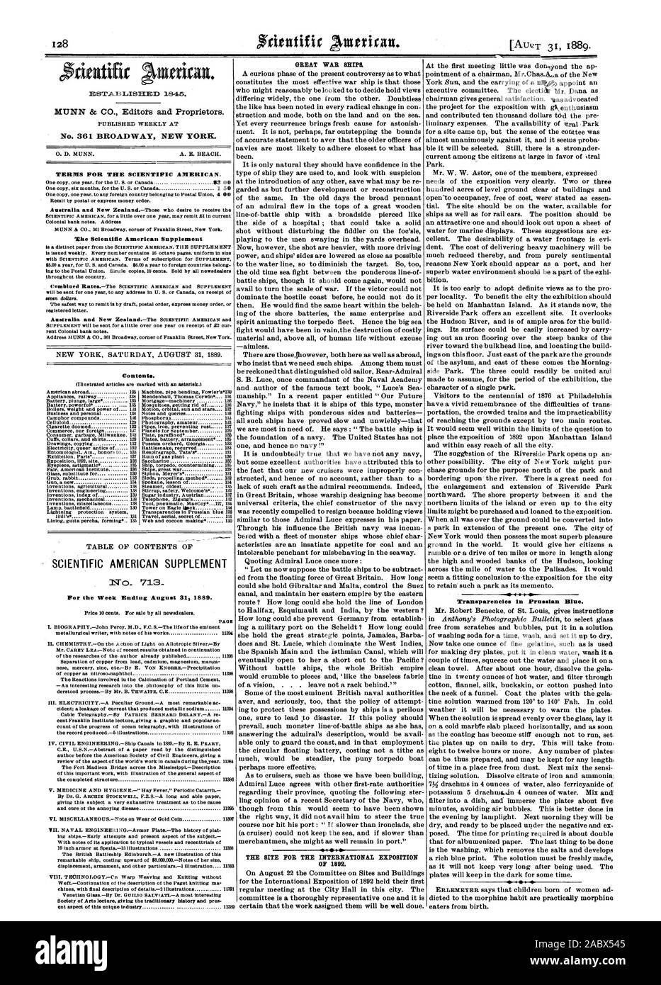 31. August 1889. Preis 10 Cent. Für Verkauf durch alle newsdealers. Seite I. BIOGRAPHIE John Percy. M.D. F.C. S Das Leben des bedeutenden metallurgische Schriftsteller mit Noten seiner Werke 394 Herr CAREY LEA Kenntnis von den jüngsten Ergebnisse in Fortsetzung der Forschungen des Autors bereits veröffentlicht 398 Trennung von Kupfer aus Blei cadmium Magnesium manga nisch Quecksilber Zink gewonnen. etcBy E. von KNoungPrecipitation von Kupfer als nitroso-naphthol 398 Die Reaktionen i.e. die Kalzinierung von Portlandzement derstood processBy Herr B. THWA 1 TE C.E 398 cident beteiligt; eine Leckage von Strom, metallisches Natrium produziert 394 Stockfoto