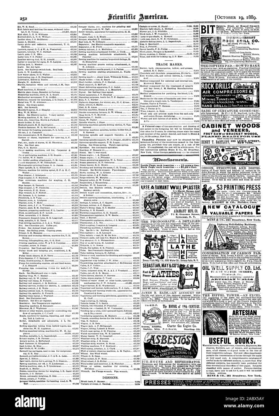 Inside Seite jedem Einfügen 75 Cent pro Zeile. Zurück Seite Einfügungen. S100 eine Linie. Verwenden Sie unverrückbar WANDPUTZ ADAMANT MFG. Co.71 E.Genesee Street Syracuse N.Y. DREHMASCHINE Händler. Pressen SEBASTIANMAY&CO'S ROCK BOHRER KOMPRESSOREN 84 (: Kabinett Hölzer und Furniere FRET SAW oder HALTERUNG HOLZ NEUER KATALOG WERTVOLLE PAPIERE 51 UNN dr CO 361 Broadway. New York. Öl gut SUPPLY CO. LTD. ARTESISCHEN nützliche Bücher. MUNN dr CO 361 Broadway New York. 91 Dr 92 WA'TER. STREET Pittsburgh, Pa., Scientific American, 1889-10-19 Stockfoto