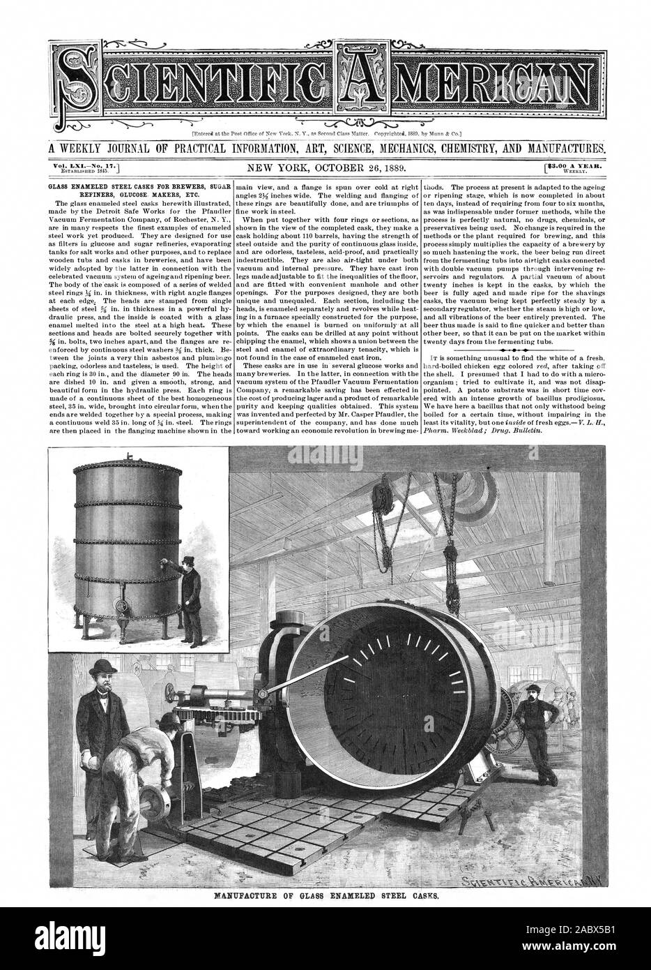 Bei der Post von New York eingetragen. N.Y. keine zweite Klasse Sache. Copyriahted 1889. Durch Munn & Co.) Vol.LXINo. 17.1 Herstellung von Glas emailliertem Stahl Fässer. Glas emailliertem Stahl FÄSSER FÜR BRAUER ZUCKER RAFFINERIEN GLUKOSE ETC., Scientific American, 1889-10-26 Stockfoto