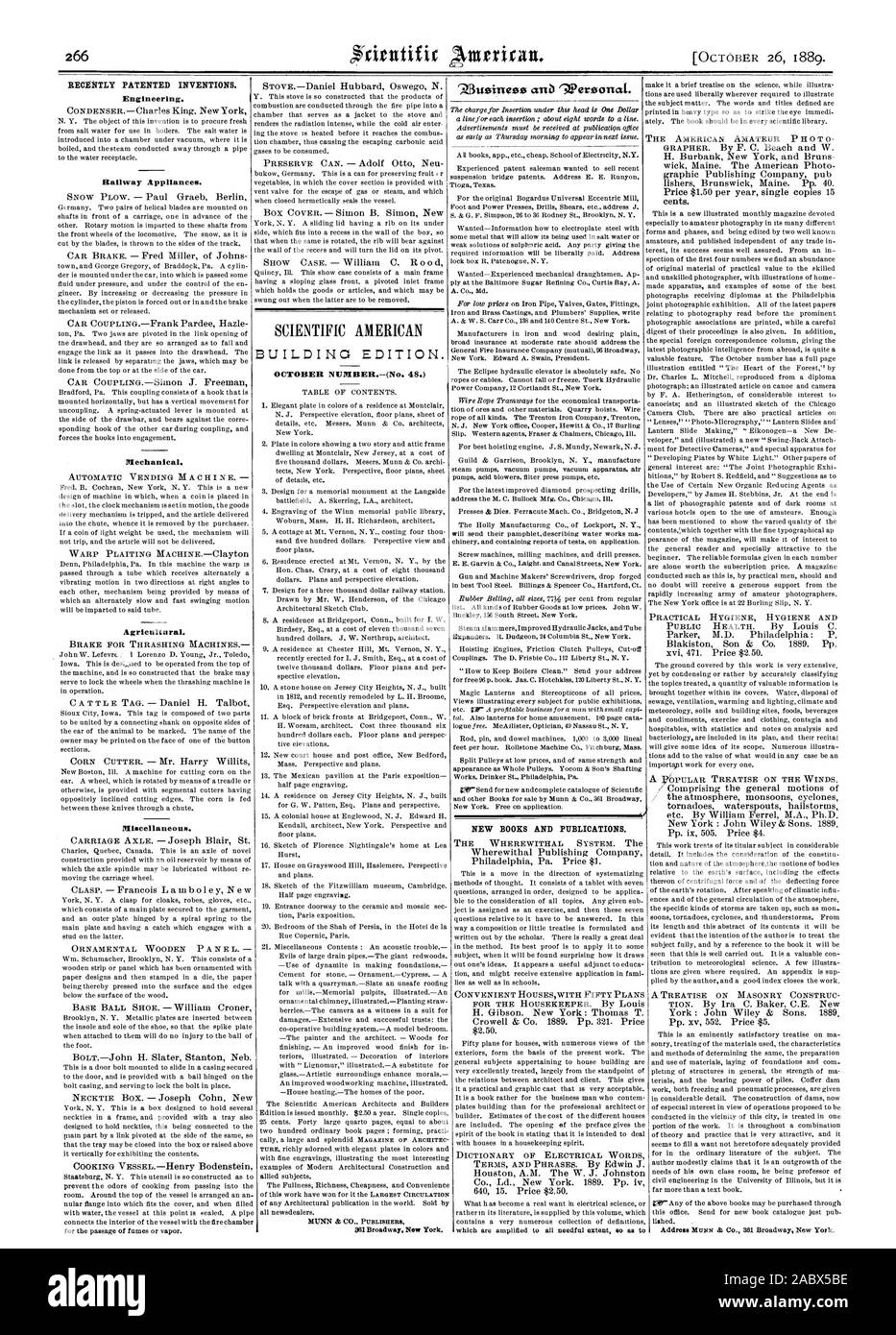 Vor kurzem patentierten Erfindungen. Engineering. Railway Appliances. Mechanisch. Landwirtschaftliche. Verschiedenes. (Z 3 Wersonat usinese Cub". Neue BÜCHER UND PUBLIKATIONEN. Oktober Zahl.-(Nr. 48.) Adresse Munn & Co 861 Broadway New York., Scientific American, 1889-10-11 Stockfoto