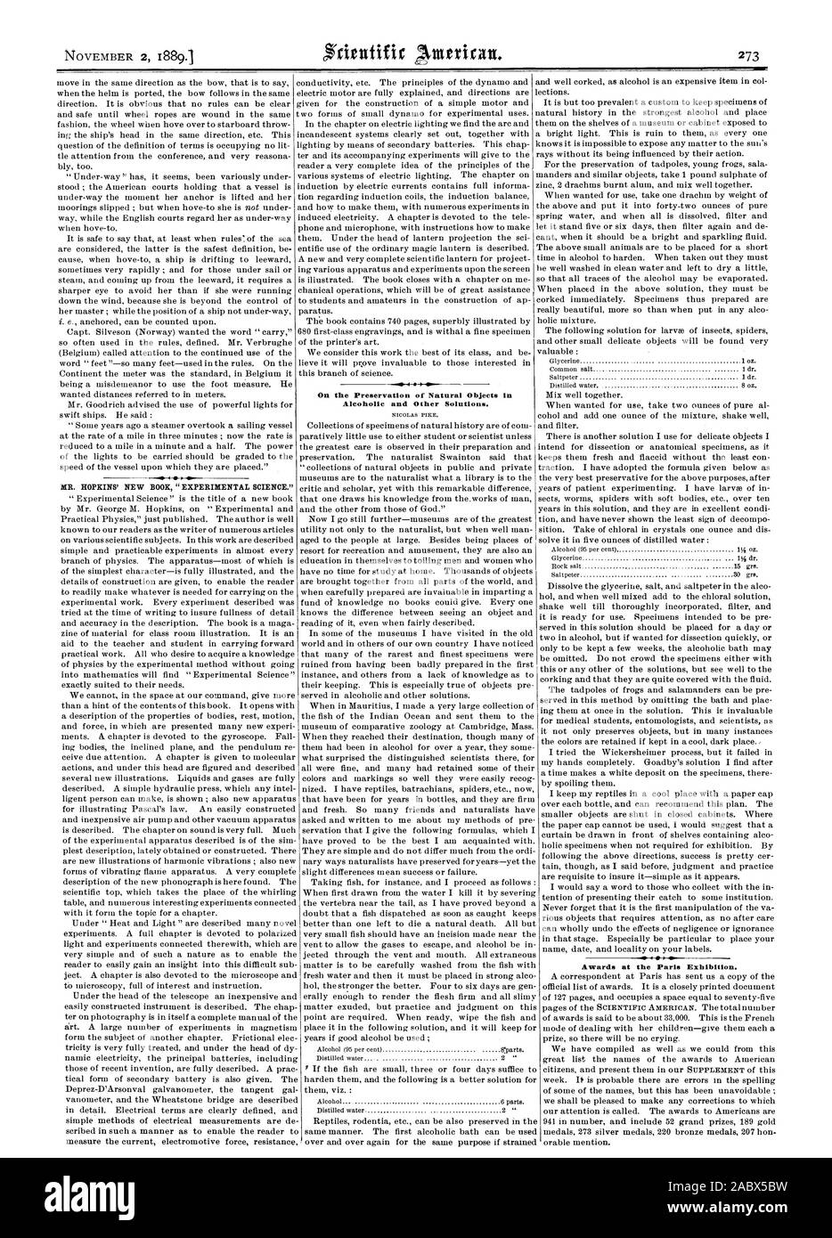 Auf die Erhaltung der natürlichen Objekte in alkoholischen und anderen Lösungen. Herr HOPKINS' neues Buch "experimentelle Wissenschaft." Auszeichnungen auf der Pariser Ausstellung., Scientific American, 1889-11-02 Stockfoto