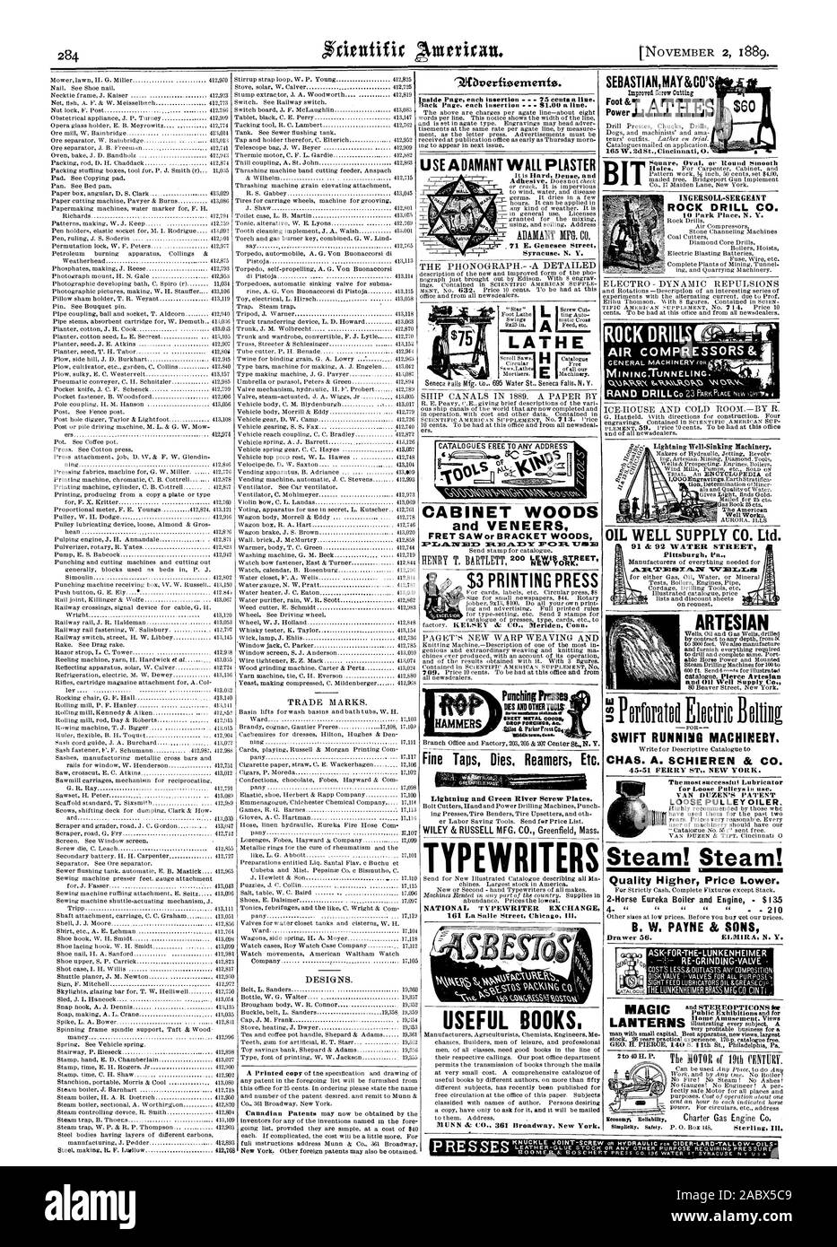 Eine Drehbank 4 CoS-SCHRANK HOLZ YPE AUTOREN nützliche Bücher. SEBASTIANMAY&CO Fuß & PowerLATHES Ingersoll - SERGEANT ROCK DRILL CO GESTEINSBOHRHÄMMER MINIINGTUNNELING.'91 DC 92 WATER STREET Pittsburgh Fa. Artesische Brunnen und Öl gut Supply Co. schnell laufende Maschinen. CHAS. A. in der SCHIEREN & CO.45-51 FÄHRE ST. NEW YORK. Die erfolgreichsten Öler für Lose Riemenscheiben lii verwenden. VAN DUZEN DIE PATENT losen Riemenscheibe Öler. Dampf! Dampf! Qualität Höhere Preis niedriger. 2 - Pferd Eureka Kessel und Motor - $ 135 B. W. PAYNE ICH SÖHNE ELMIRA N.Y. 9.4Bverfizernents. Inside Seite jedem Einfügen 75 Cent aline. Zurück Seite jedem Einfügen Stockfoto