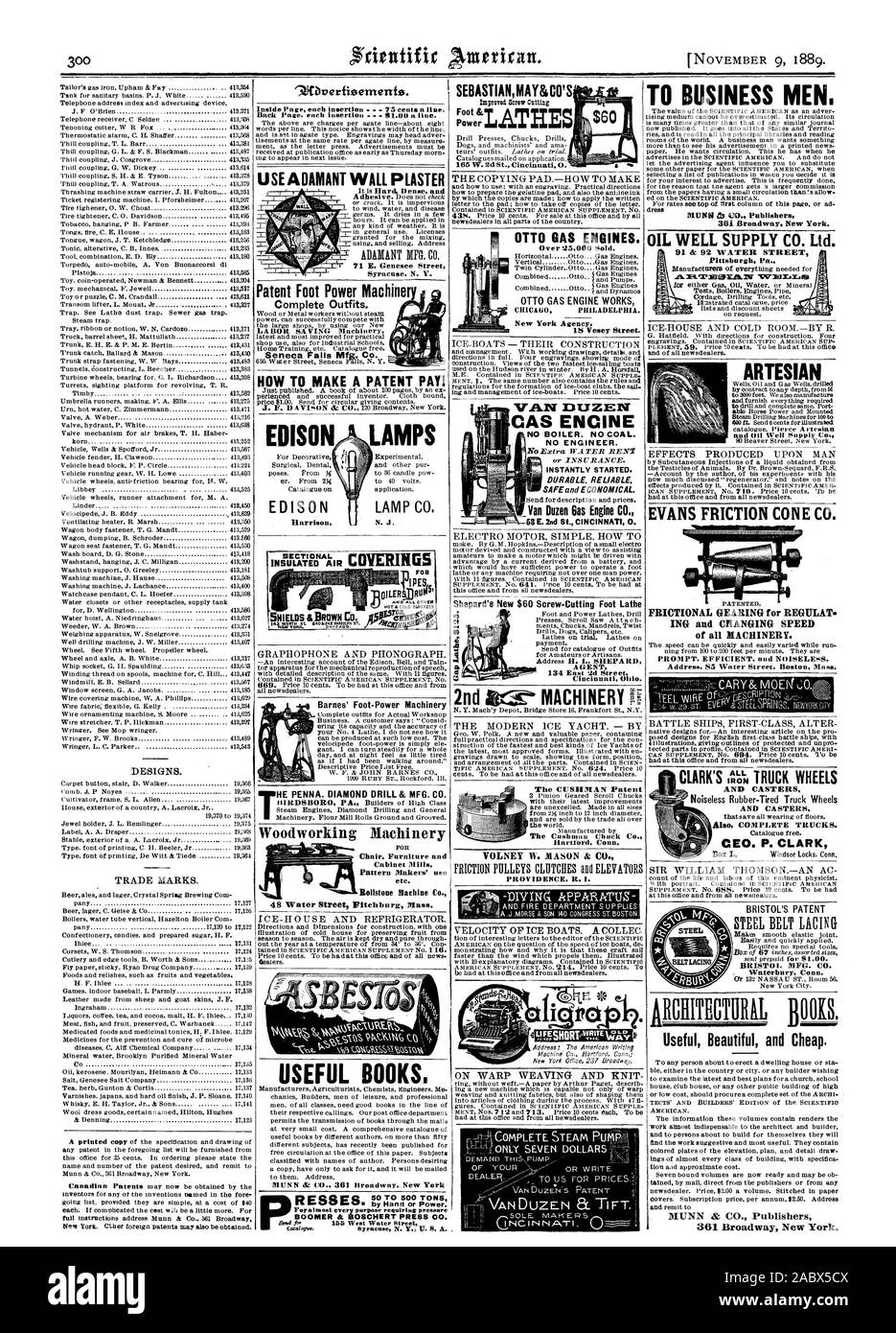 Inside Seite jedem Einfügen - 75 Cent in der Linie. Zurück Seite. jedem Einfügen $ 1,00 it-Linie. Verwenden Sie UNVERRÜCKBAR WANDPUTZ Ist es Hart, dicht und unverrückbar MFG. Co.71 E.Genesee Street Syracuse. N. V. Patent Fuß Power Machiner LA BOK SPEICHERN Maschinen Seneca Falls Mfg. Co. WIE EIN PATENT BEZAHLEN! OTTO GASMOTOREN. Über '25000 Verkauft. CHICAG PHILADELPHIA. New York Agentur 18 Vesey Street. CAS-Motor 134 Osten Iti Straße Cincinnati 00. Zu den BUSINESS MÄNNER. 361 Broadway New York. EVANS KEGELREIBFLÄCHE CO. REIBUNG 6-EARING für REGULAT IN G und Ändern der Geschwindigkeit der Maschinen. PROMPT. Effizient und geräuschlos Stockfoto