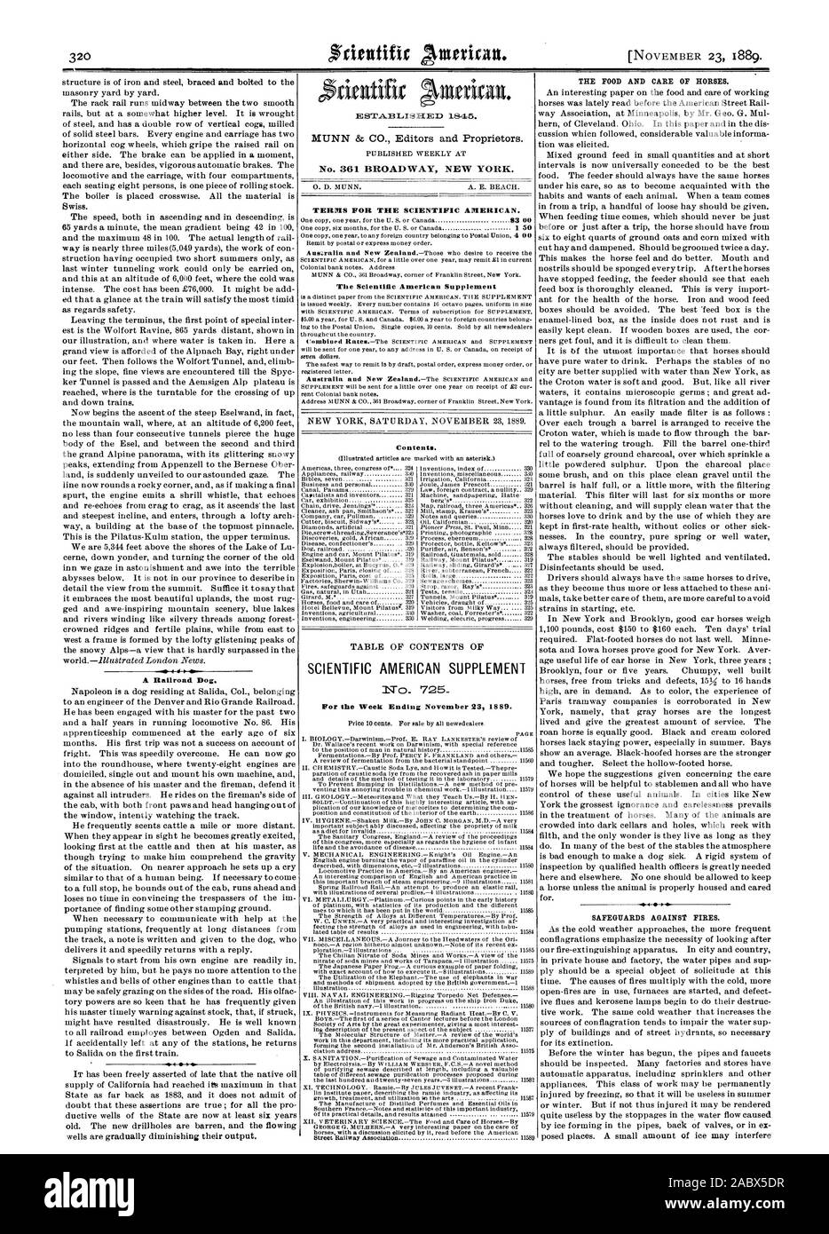 Eine Eisenbahn Hund. Bedingungen für den Scientific American. Inhalt. SCIENTIFIC AMERICAN SUPPLEMENT No 725 für die Woche endet am 23. November 1880. Seite Street Railway Association DAS ESSEN UND DIE PFLEGE DER PFERDE. Schutzmaßnahmen gegen Brände., 1889-11-23 Stockfoto