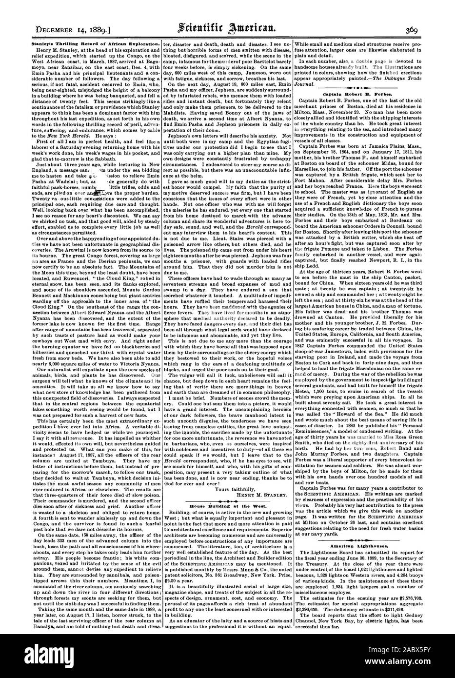 Stanley's spannend Datensatz der Afrikanischen Exploration. HENRY M. STANLEY. Haus Gebäude im Westen. g4 1. Am-amerikanischen Leuchttürme., Scientific American, 1889-12-14 Stockfoto