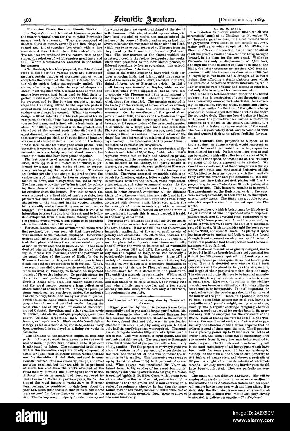 Florentiner Pietra Dura oder Mosaik arbeiten. Reinigung von Leuchtgas durch Sauerstoff. H. M. S. Blake., Scientific American, 1889-12-21 Stockfoto