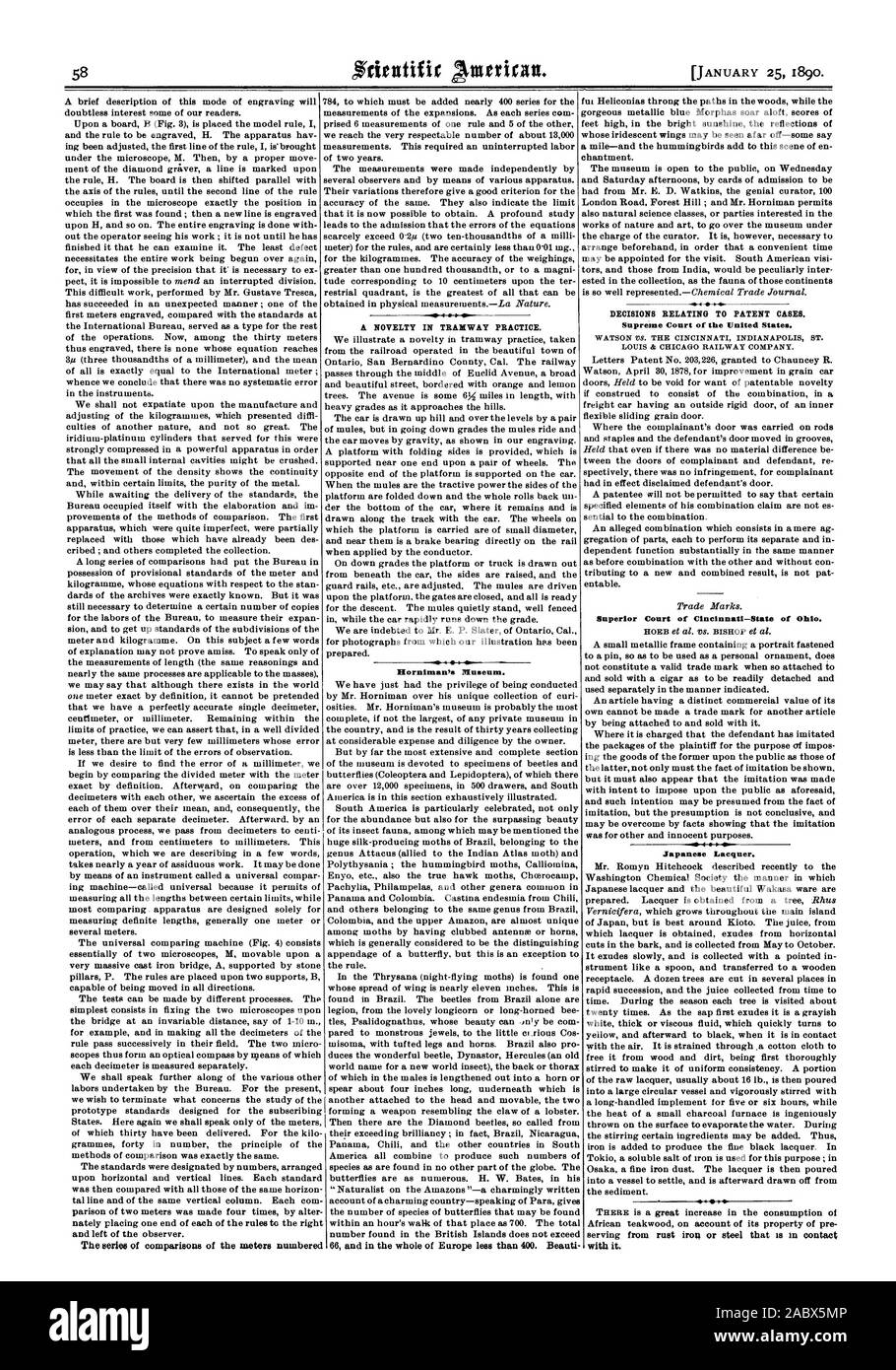 Die Reihe der Vergleiche der Meter ein Novum in der straßenbahn Praxis nummeriert. Horniman's Museum. Entscheidungen IN BEZUG AUF PATENT FÄLLEN. Der Oberste Gerichtshof der Vereinigten Staaten. Superior Court von Cincinnati, Ohio. Japanlack.., Scientific American, 1890-01-25 Stockfoto