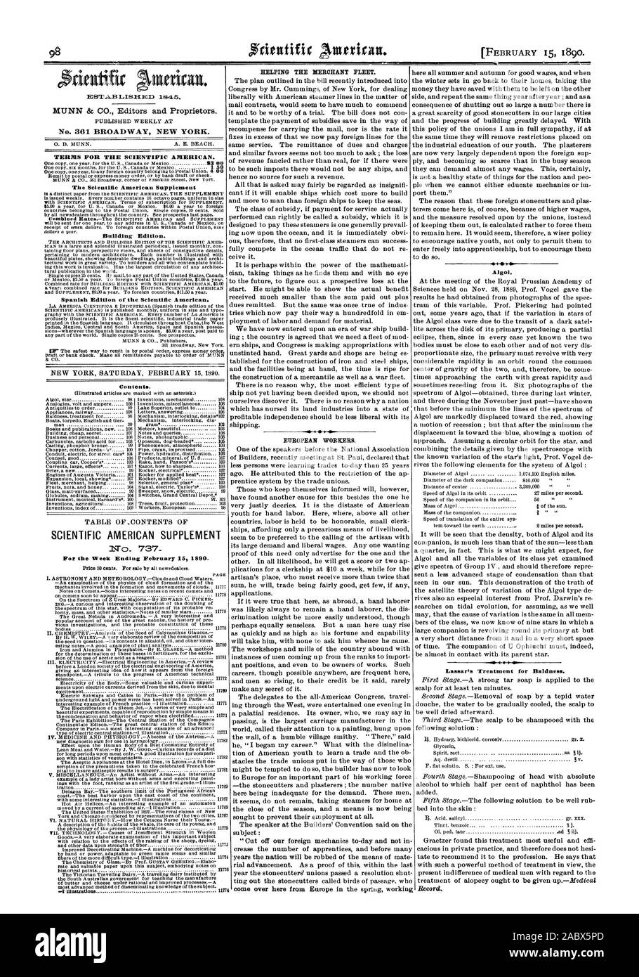Nr. 361 BROADWAY NEW YORK. Bedingungen für den Scientific American. 83 00 Der Scientific American Supplement Gebäude Edition. Spanische Ausgabe des Scientific American. Inhalt. SCIENTIFIC AMERICAN SUPPLEMENT für die Woche bis zum 15. Februar 1890. Die HANDELSFLOTTE. Die europäischen Arbeitnehmer. Algol. Lassarls Behandlung für Kahlheit., 1890-02-15 Stockfoto