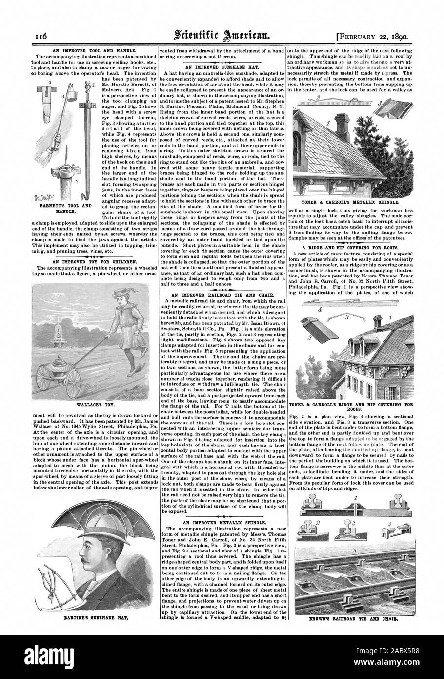 Ein verbessertes WERKZEUG UND GRIFF. 10 EINE VERBESSERTE Spielzeug für Kinder. Eine verbesserte Schirm hat. Eine verbesserte RAILROAD TIE und Stuhl. Eine verbesserte METALLISCHE SCHINDEL. Schindel ist eine V-förmige Sattel angepasst TONER & CARROLL METALLISCHE SCHINDEL zu passen. Ein Grat und HIP ABDECKUNG FÜR DÄCHER. TONER & CARROLL RIDGE UND HIP ABDECKUNG FÜR DÄCHER. Barnett Werkzeugs, und Griff. WALLACE'S TOY., Scientific American, 1890-02-22 Stockfoto