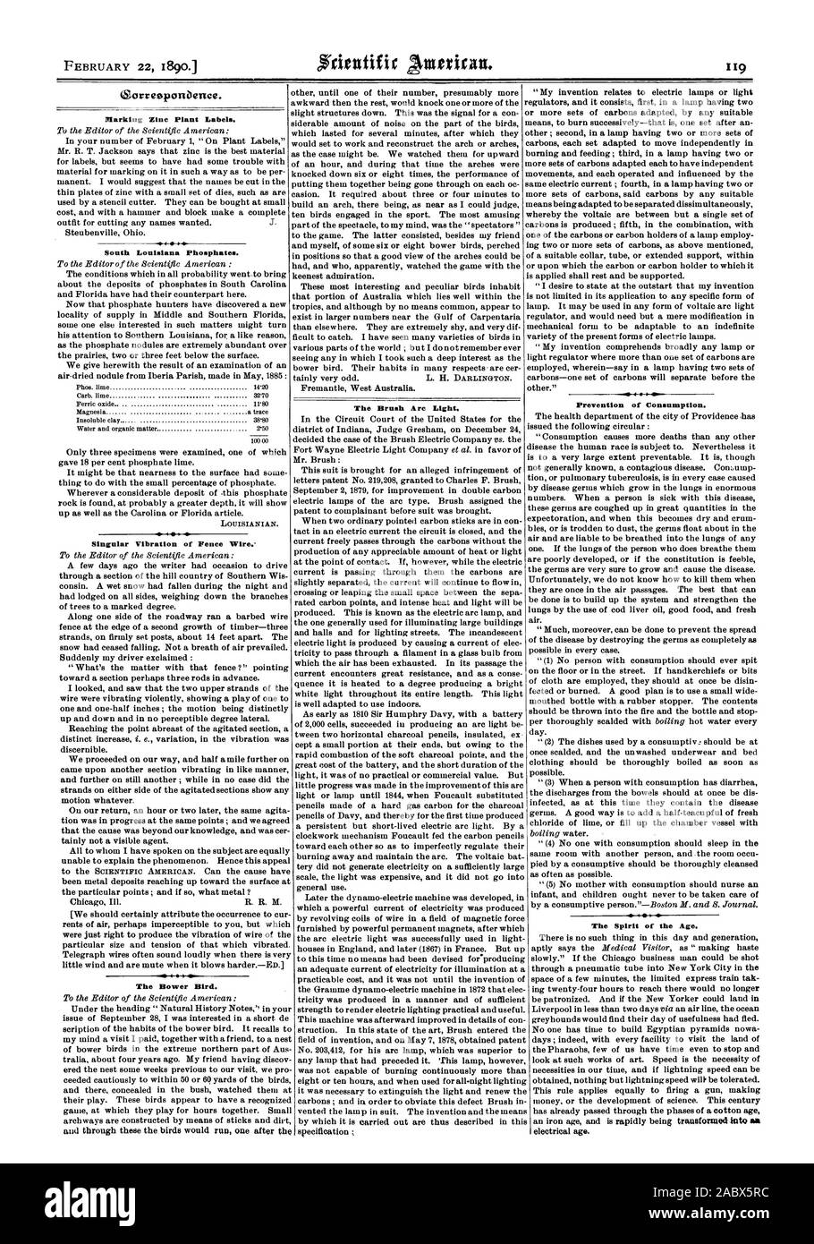 Die Bürste Arc Light. ISorreeponDence. Kennzeichnung Zink Pflanze Etiketten. South Louisiana Phosphate. Einzigartige Schwingung der Zaun Draht die Laube Vogel. -01 4k Prävention des Konsums. Dem Geist der Zeit., Scientific American, 1890-02-22 Stockfoto