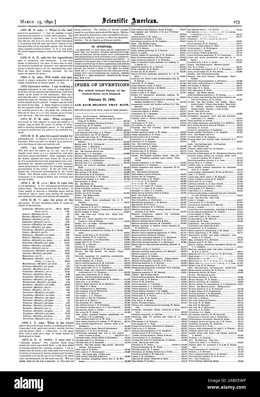 Für Erfinder. Index Der Erfindungen, Für Die Lettere Patent Der Vereinigten  Staaten Am 25. Februar 1890 Und Jedes Lager, Dass Datum., Scientific  American, 90-03-15 Gewährt Wurden Stockfotografie - Alamy