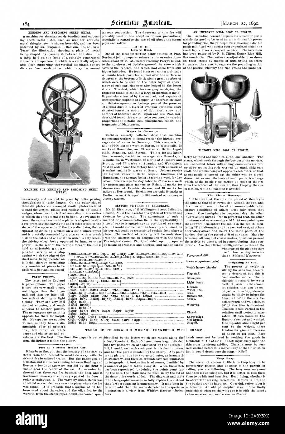 Biege- und Prägung BLECH. Maschine zum Biegen und Prägen von Blech. Papier Kissen. 4 1444 Eisberg Staub. Die Löhne in Deutschland. Senden von Bildern per Telegraf. Eine verbesserte MÜHLE BOOT ODER PISTILL. TILTON'S MILL BOOT ODER PISTILL. Der Planet Merkur. Gewichtung der Seide. Feuer in einem Dampfbeheizten Auto. Tabelle der telegrafischen Nachricht mit Chart., Scientific American, 1890-03-22 Stockfoto