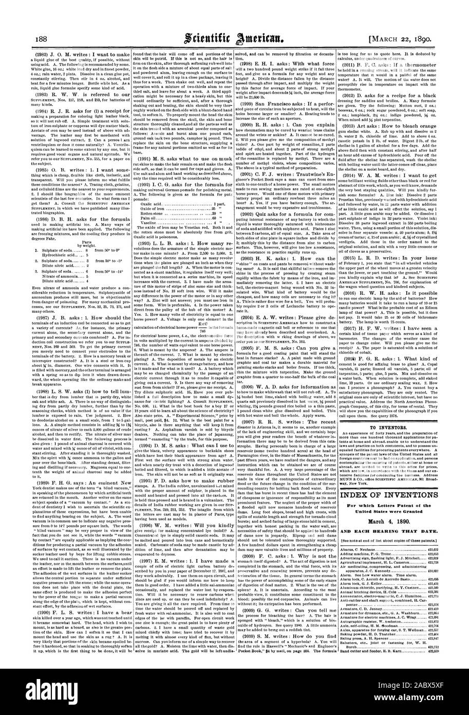 Für Erfinder. INDEX DER ERFINDUNGEN, für die Patentschriften der Vereinigten Staaten 4. März 1890 gewährt wurden. Und jedes Lager, dass Datum., Scientific American, 1890-03-11 Stockfoto