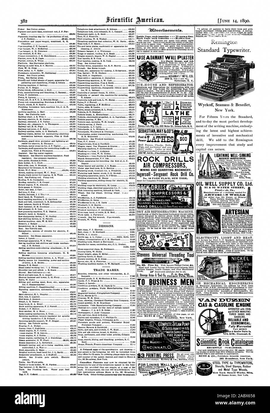Graviert luinber Pirogravure Company New York. Andere ausländische Patente kann auch bezogen werden. Inside Seite jedem Einfügen 75 Cent pro Zeile. Die Händler. Ingersoll - Sergeant Rock Drill Co Nr. 10 PARK PLACE NEW YORK. zat 0 BUSINESS MEN 361 Broadway New York. Für die Auskleidung WALLVA (Nik: Roc SOUND Wyckoff Seamans & Benedikt New York. Öl gut SUPPLY CO. LTD., 91 & 92 WATER STREET Pittsburgh PA.4 ih-MILT] oggi. inZeif liT 714.X.139 ARTESISCHEN NICKEL UND MATERIAL VAN' EPT-TE1 V vor kurzem veröffentlicht. 361 Broadway New York. Es ist hart, dicht und Ad309E.Clenesee Syrakus. N.Y. GESTEINSBOHRHÄMMER KOMPRESSOREN BERGBAU- UND Stockfoto