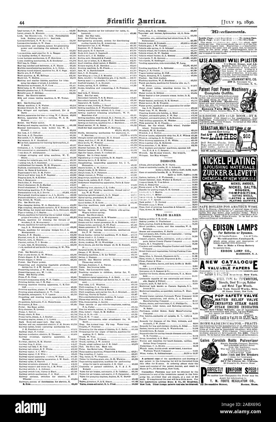 New York. Andere ausländische Patente kann auch bezogen werden. 9 Jibverfioements. Komplette Outfits. Seneca Falls VERNICKELT ZUCKER & LEVETT NICKELSALZE ELEKTRO & NICKEL PLATINC OUTFITS. EDISON LAMPEN für Batterien oder Dynamos. Wie man eine günstige Batterie HARRISON NEW JERSEY Neue CATALOCUE New York Schablone funktioniert Mfrs zu machen. Dampfmaschine ANZEIGE Gates Cornish Brötchen Pulverisierer Tore Gestein und Erz Leistungsschalter TORE 076 Werke 50 C... Clinton St. Chicago. T.M. FOOTE REGLER CO 53 Devonshire Street Boston. Messe VERWENDEN SIE UNVERRÜCKBAR WANDPUTZ 309 E. Genesee st. Syrakus. N.Y., Scientific American, 1890-07-19 Stockfoto