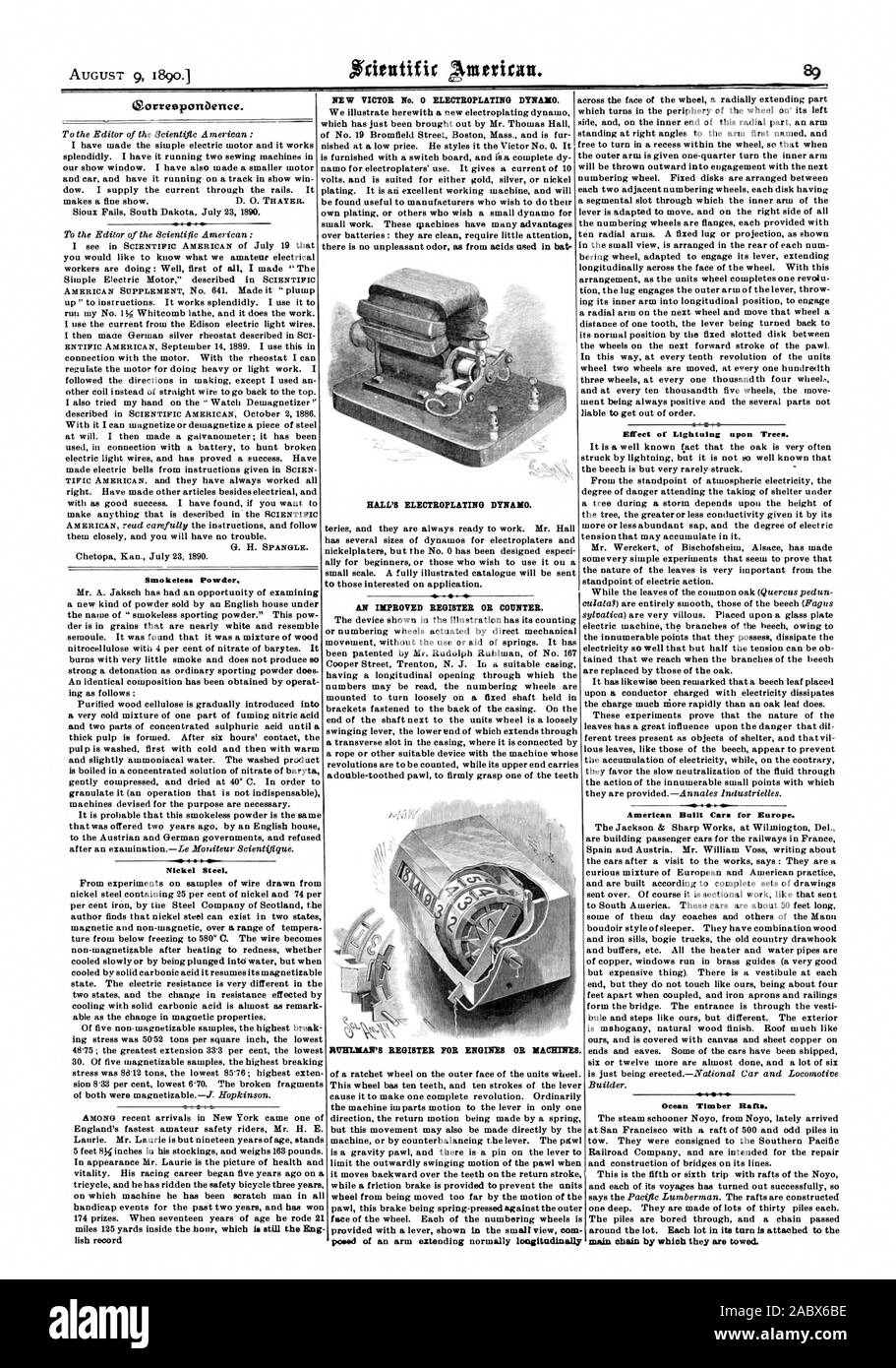 Ncientific Amerikanischen. HALL'S GALVANIK DYNAMO. Eine verbesserte registrieren oder Zähler. AITELMAN'S REGISTER FÜR MOTOREN ODER MASCHINEN. OorresponDence. Rauchlose Pulver. Nickel Stahl. Wirkung oder Blitz auf Bäumen. American gebauten Autos für Europa. Ozean Holz Flößen, Scientific American, 1890-08-09 Stockfoto