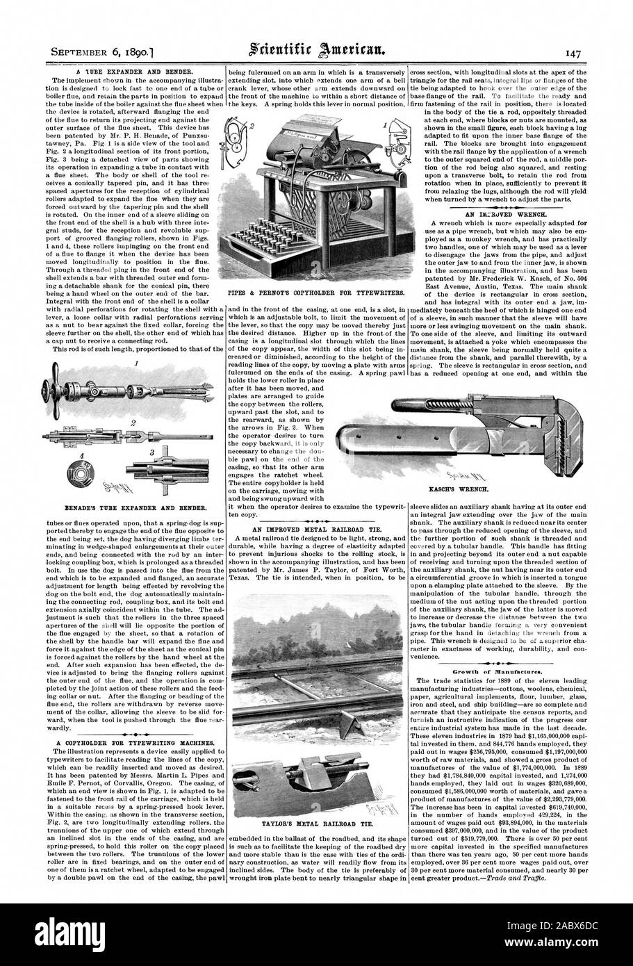 Eine UBE EXPANDER und Bender. Einen Vorlagenhalter für MASCHINENSCHREIBEN MASCHINEN. PIPES & PERNOT der Vorlagenhalter für Schreibmaschinen. Eine verbesserte METALL EISENBAHN binden. TAYLOR'S METAL RAILROAD binden. Eine IX: ROVED SCHRAUBENSCHLÜSSEL. Das Wachstum der Produktion ist. BENADE TUBE'S EXPANDER und Bender. XASCH DER SCHRAUBENSCHLÜSSEL., Scientific American, 1890-09-06 Stockfoto