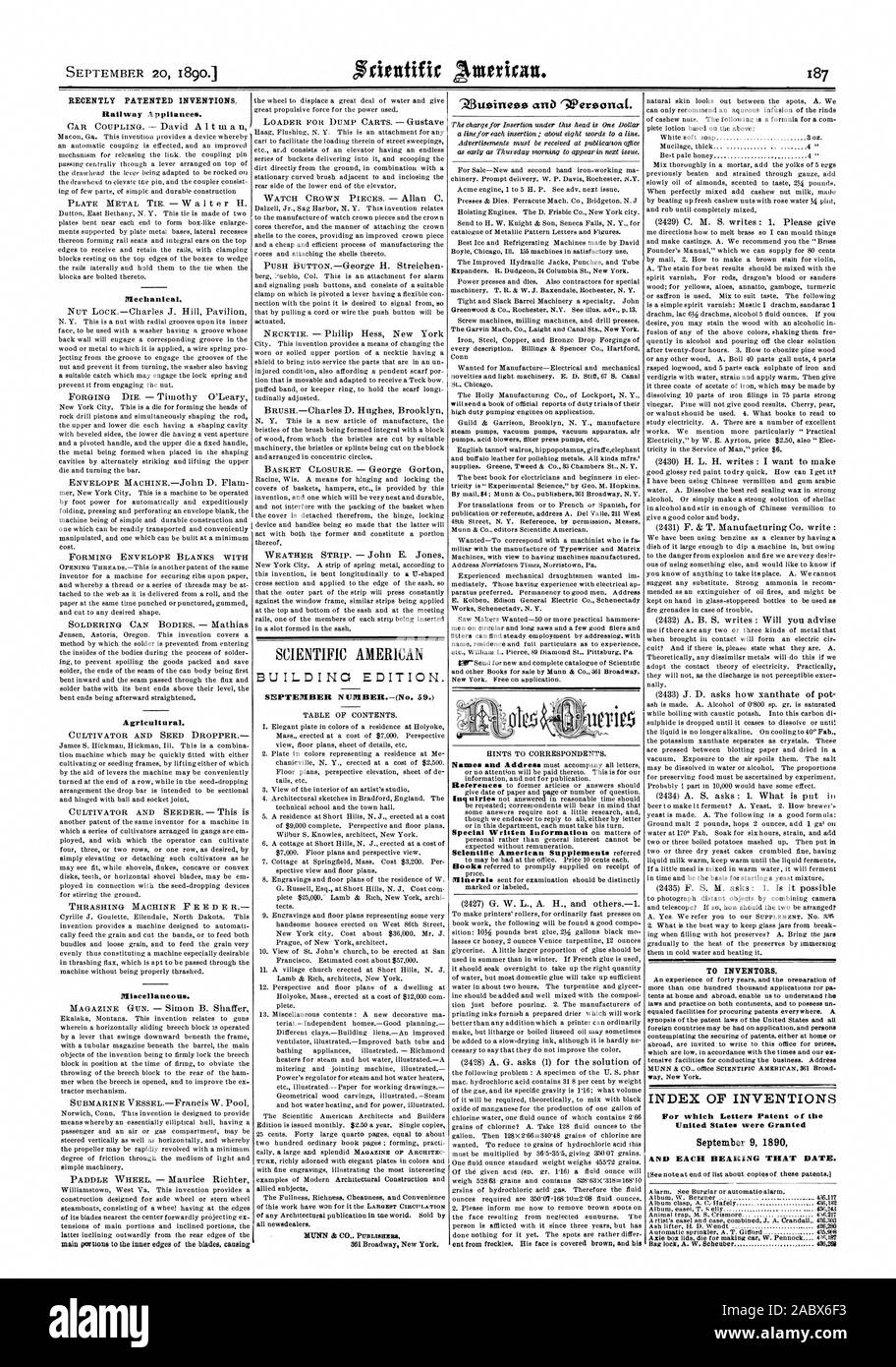 20. SEPTEMBER 1890 1 SCIENTIFIC AMERICAN GEBÄUDE EDITION. SEPTEMBER ANZAHL (Nr. 59.) der Geräte. Mechanische Landwirtschaftliche. Verschiedenes. Für Erfinder. INDEX DER ERFINDUNGEN, für die Patentschriften der Vereinigten Staaten am 9. September 1890 UND JEDES LAGER, DASS BATE gewährt wurden. "Ziussinests aria Werzonat., 1890-09-20 Stockfoto