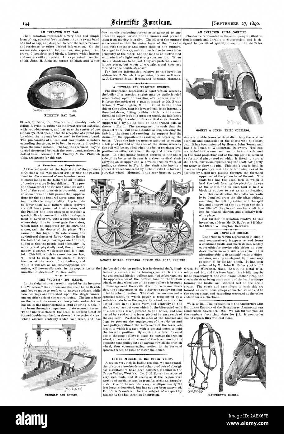 Eine verbesserte HUT TAG. Eine Prämie auf die Bevölkerung. NICHOLS' BOB SCHLITTEN. Ein planierer FÜR ZUGMASCHINEN. Indian Mounds in der kapaun Tal. Eine verbesserte THILL KOPPLUNG. Eine verbesserte Zaum. RICKETTS' hat. Die sächsischen KESSEL LEVELING DEVICE FÜR MOTOREN., Scientific American, 1890-09-27 Stockfoto